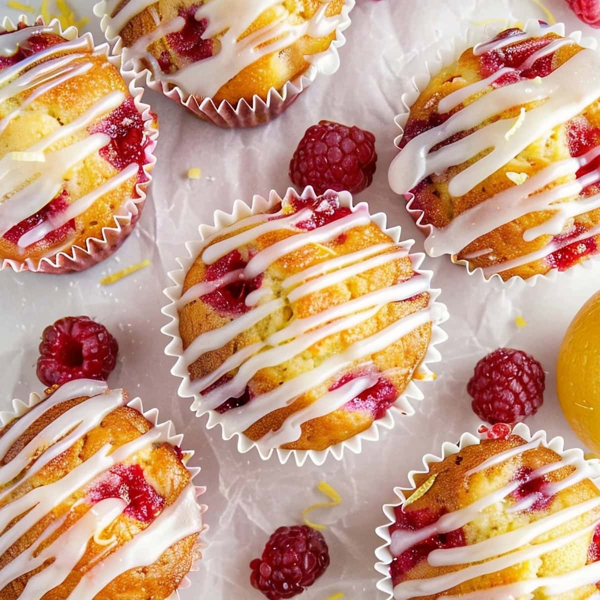 Lemon Raspberry Muffins with Glaze on Parchment Paper, Top View