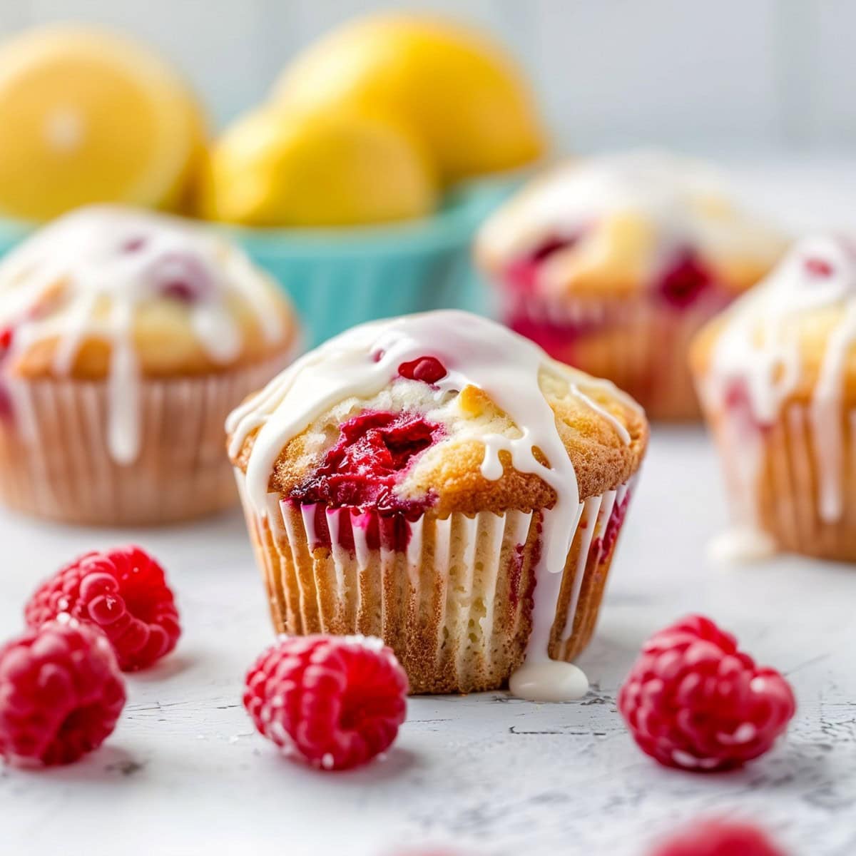 Delicious muffins, featuring a zesty lemon flavor and bursting raspberry centers.