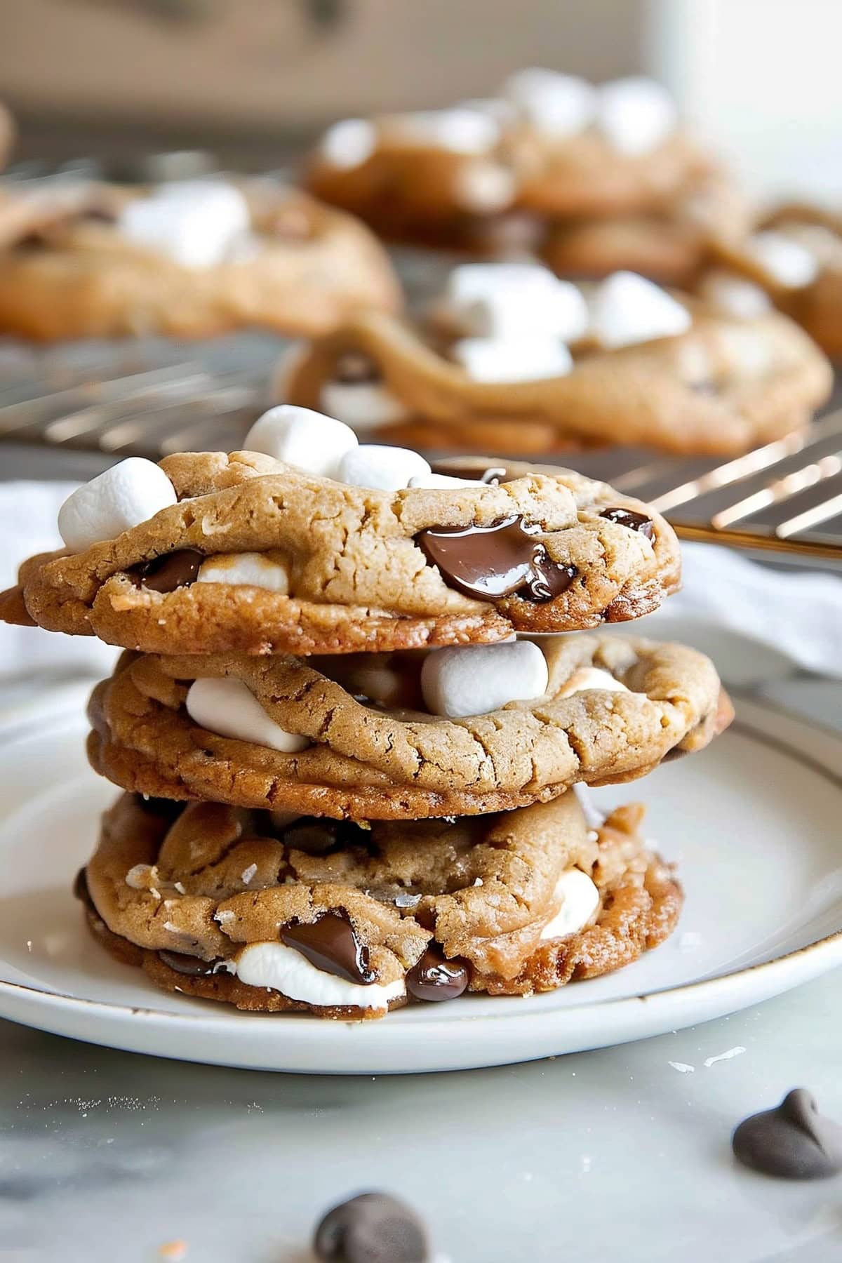 Marshmallow Chocolate Chip Cookies in a White Plate.