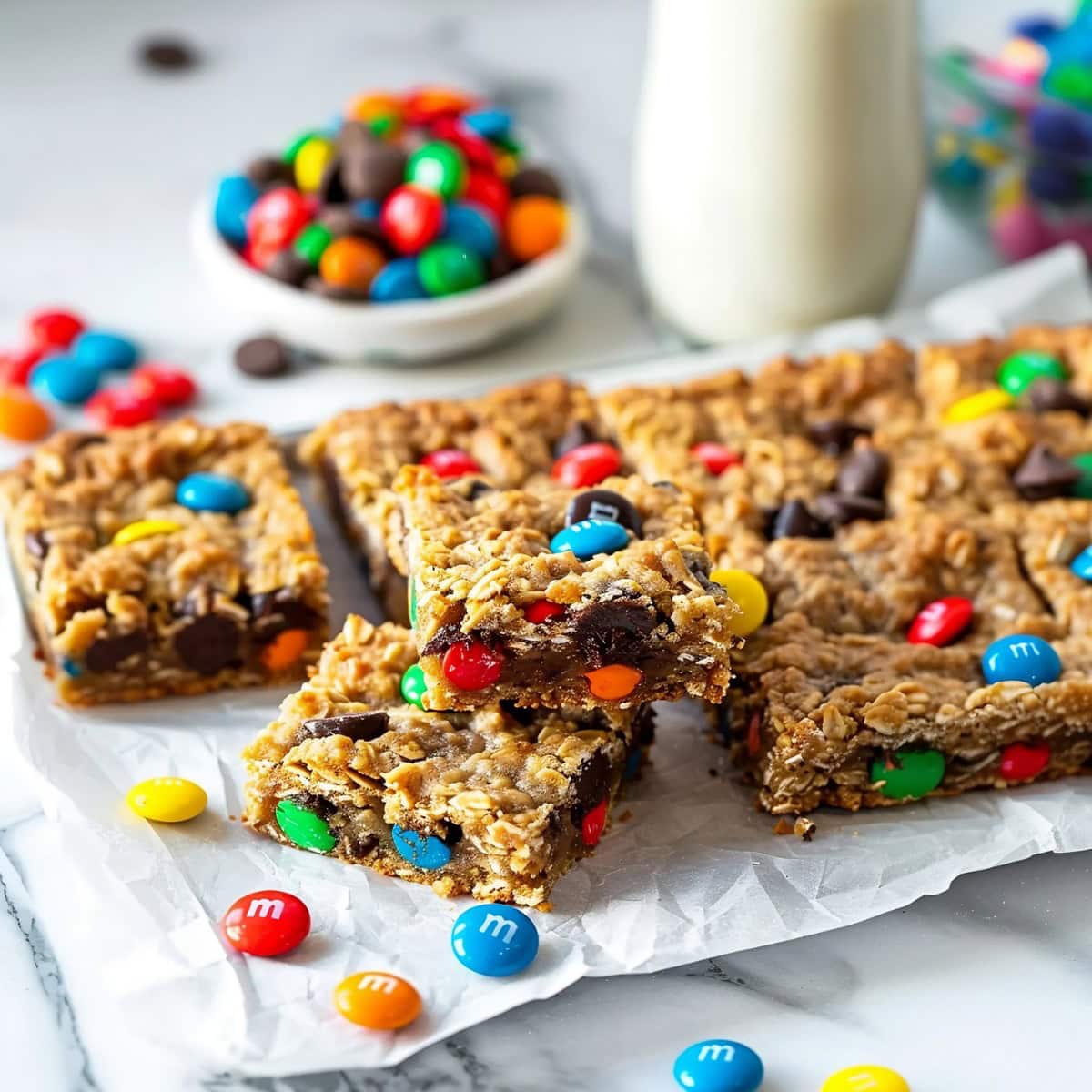 Monster Cookie Bars slices in a white parchment paper.