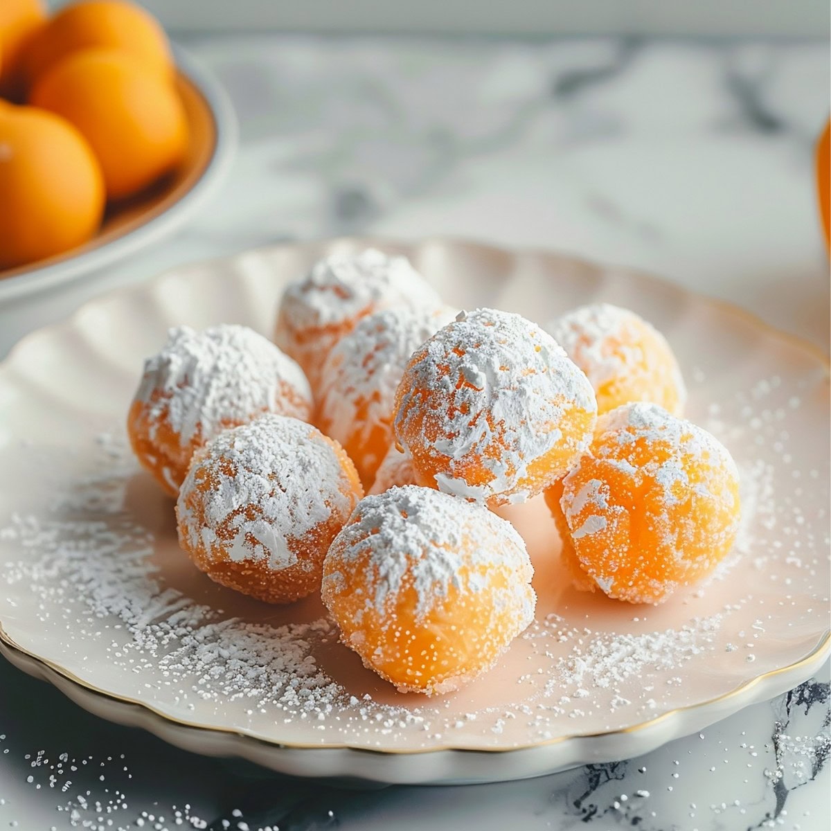 Orange Creamsicle Truffles with Powdered Sugar in a White Plate.