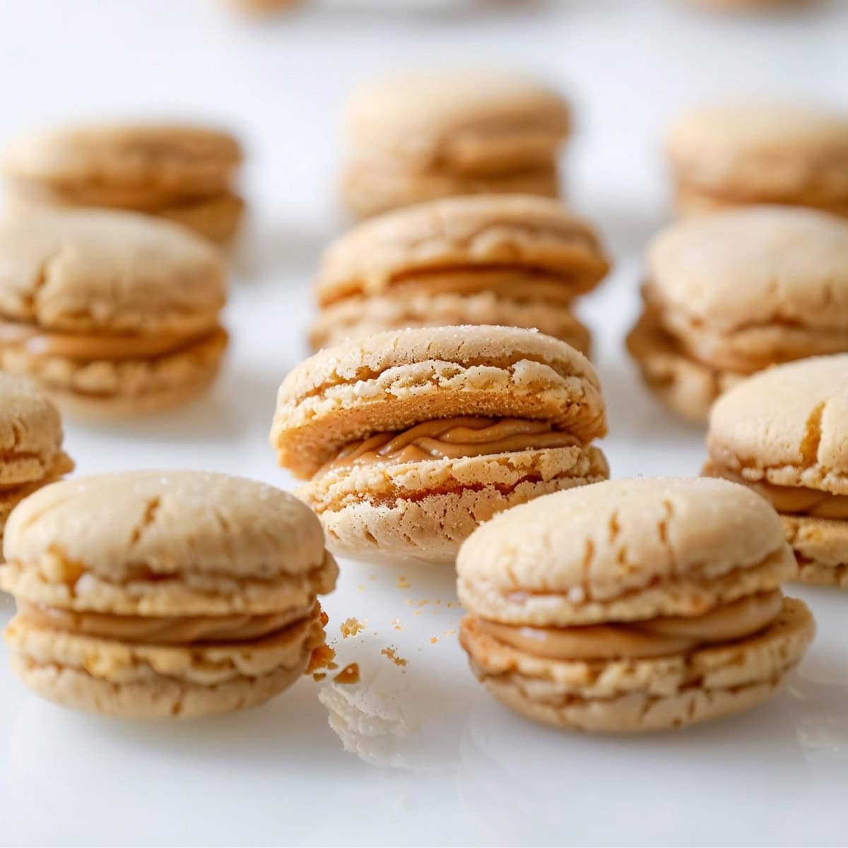 Sweet and satisfying peanut butter sandwich cookies, garnished with a sprinkle of sea salt.