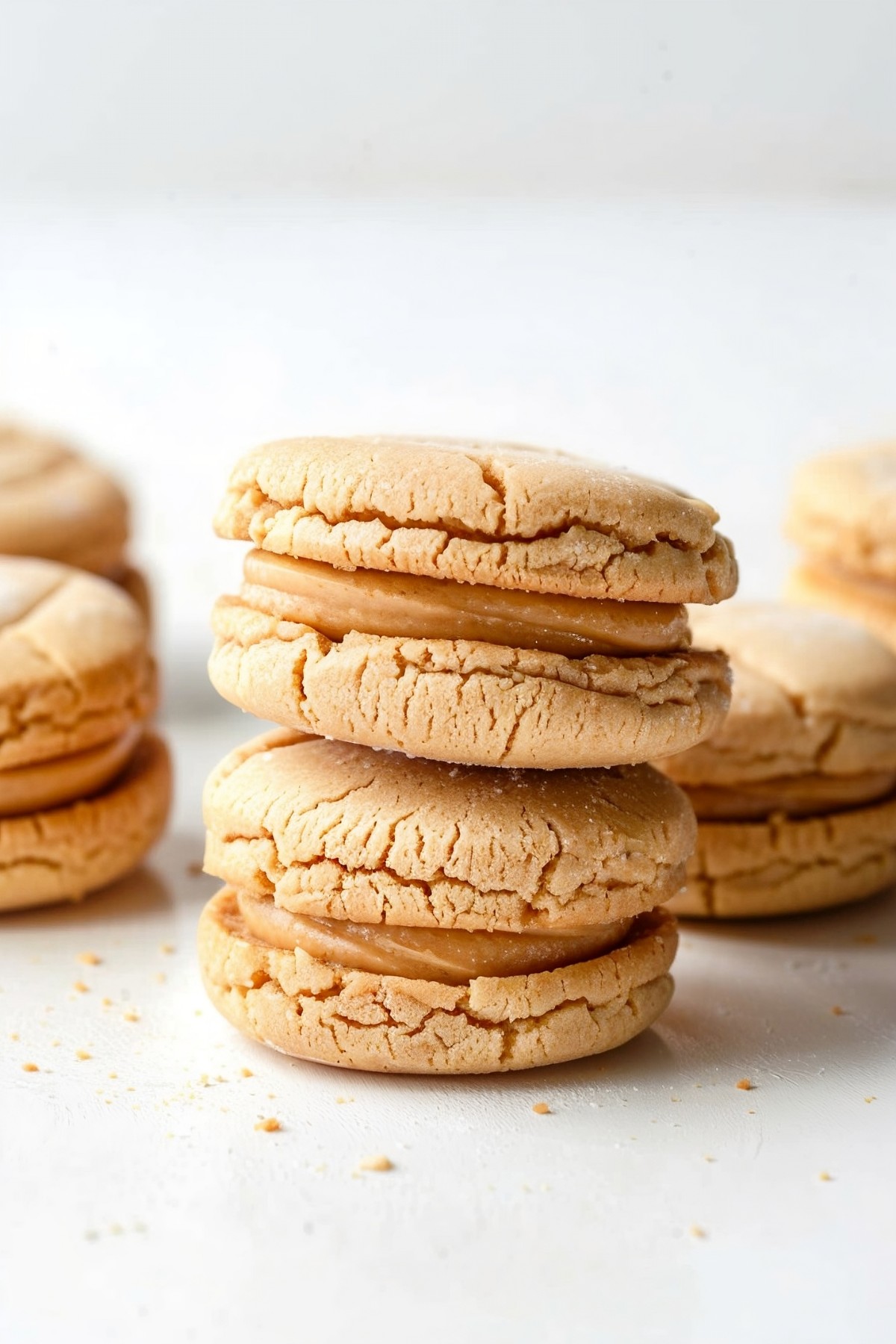 Peanut Butter Sandwich Cookies Stacked on a White Marble Countertop.