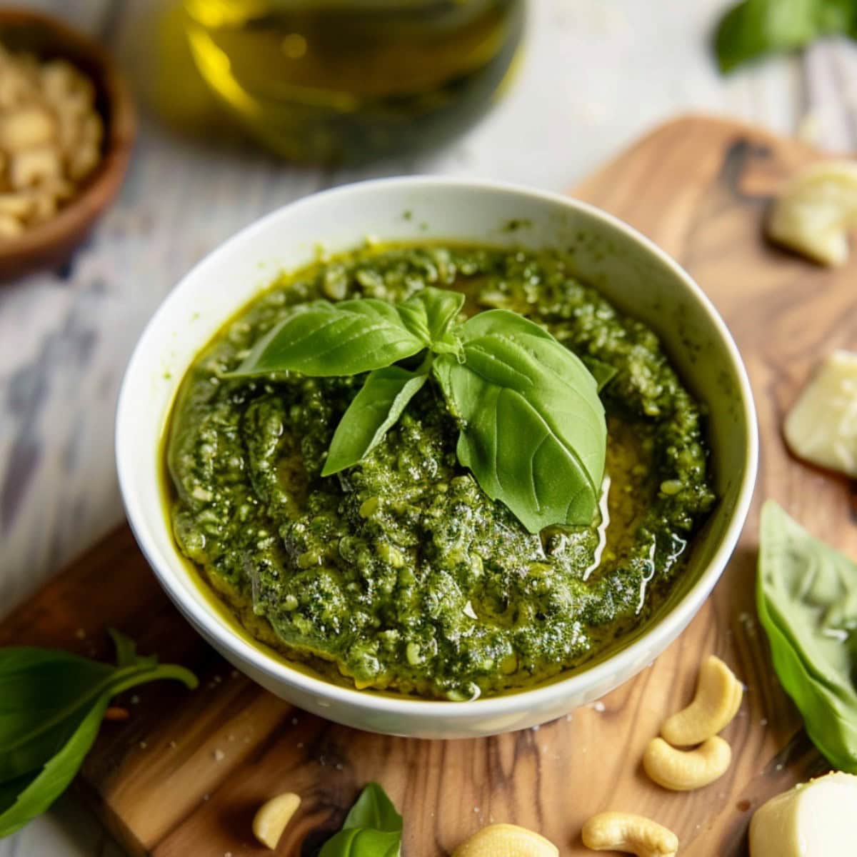 A small bowl of homemade pesto on a chopping board