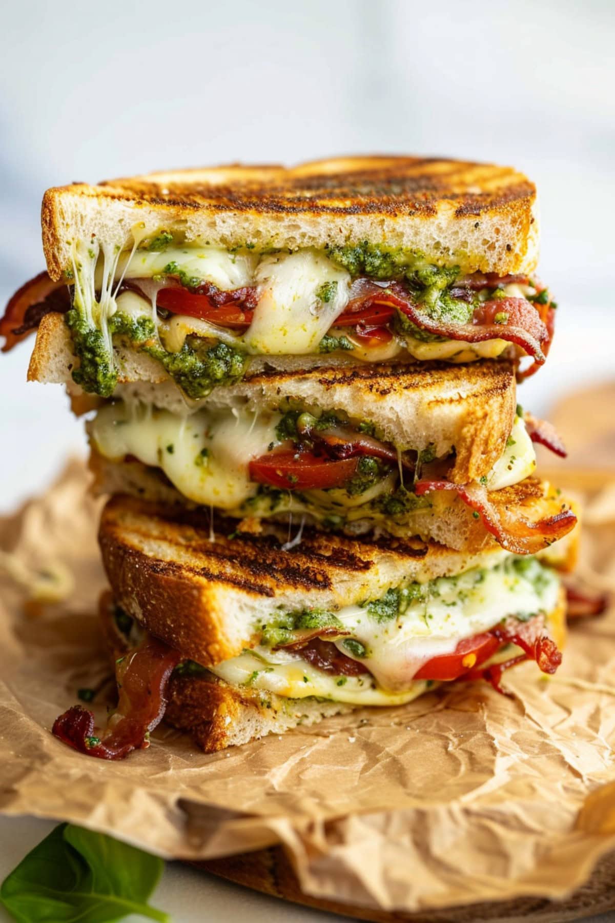 Pesto grilled cheese sandwich with bacon, basil and mozzarella cheese