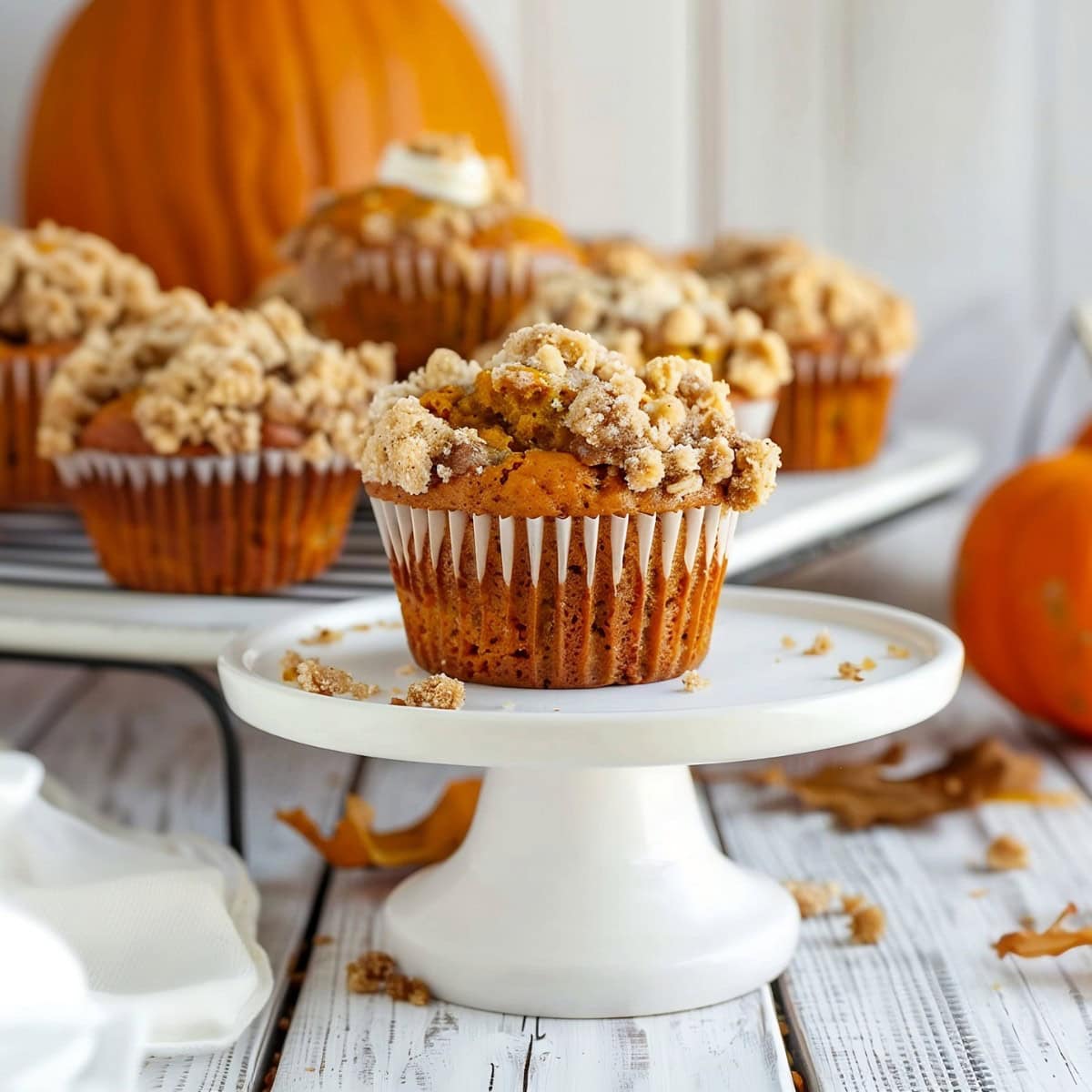 Pumpkin Cream Cheese Muffins on a cake stand