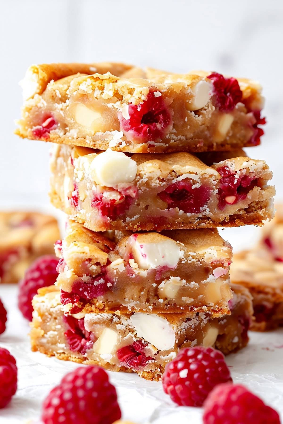 Raspberry and White Chocolate Blondies stacked  on White Parchment Paper.