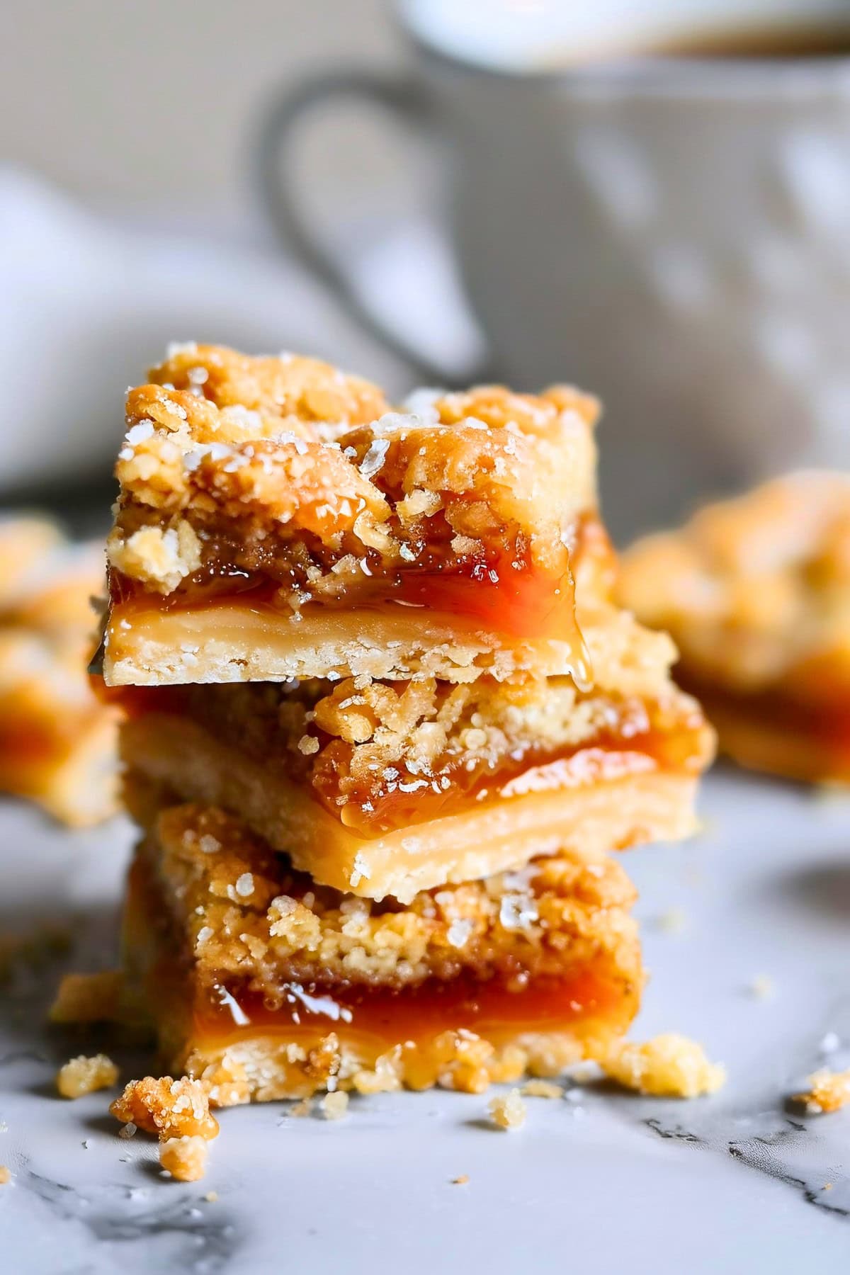 Salted Caramel Butter Bars Stacked on a White Marble Table.