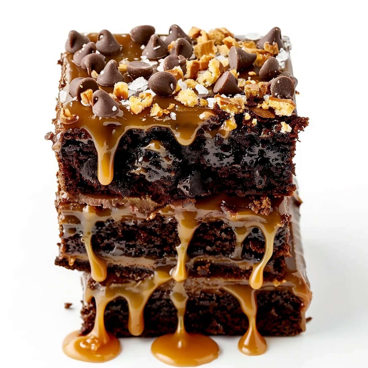 Three Salted Caramel Cake Squares Stacked.