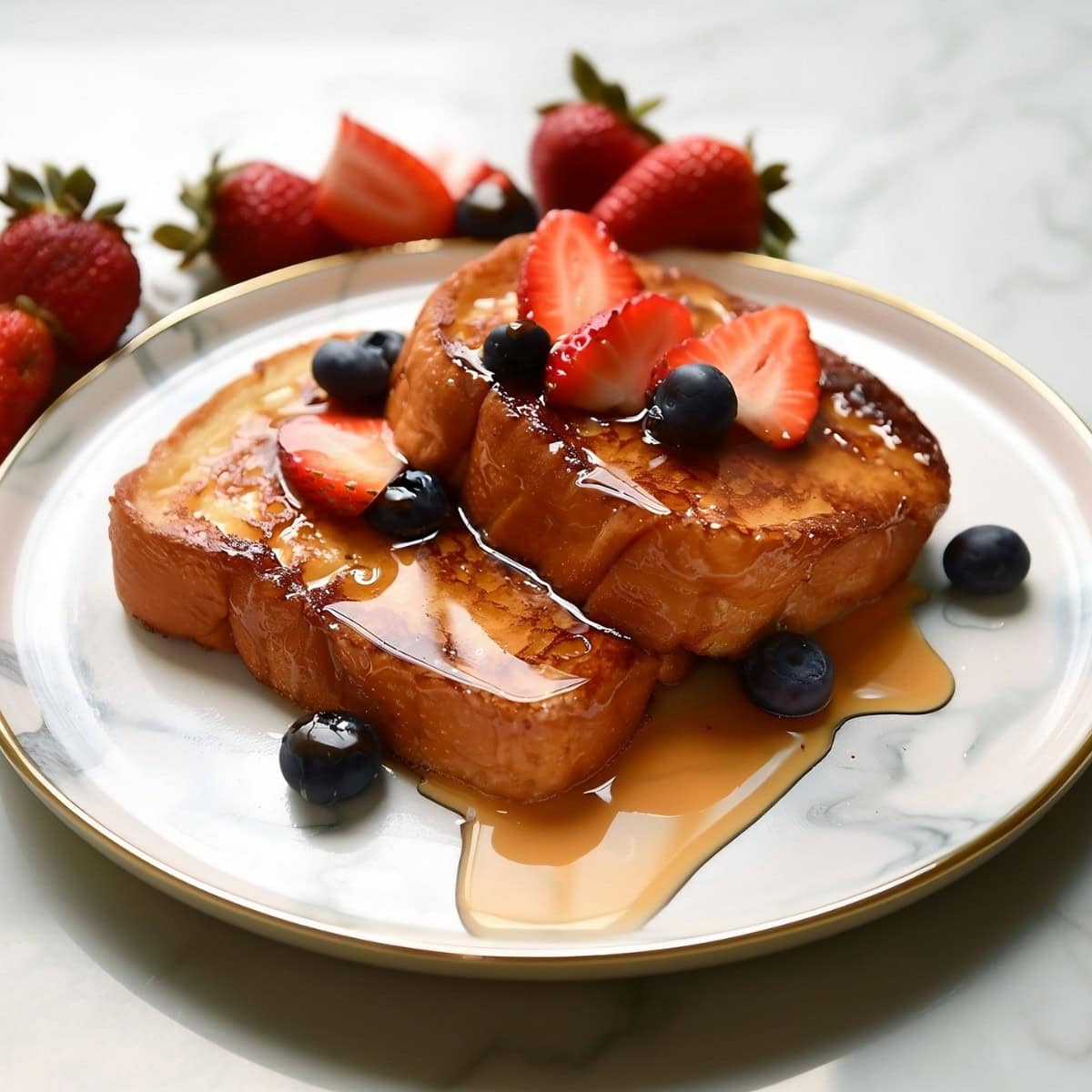 Two Buttery French Toasts with Berries in a Plate.