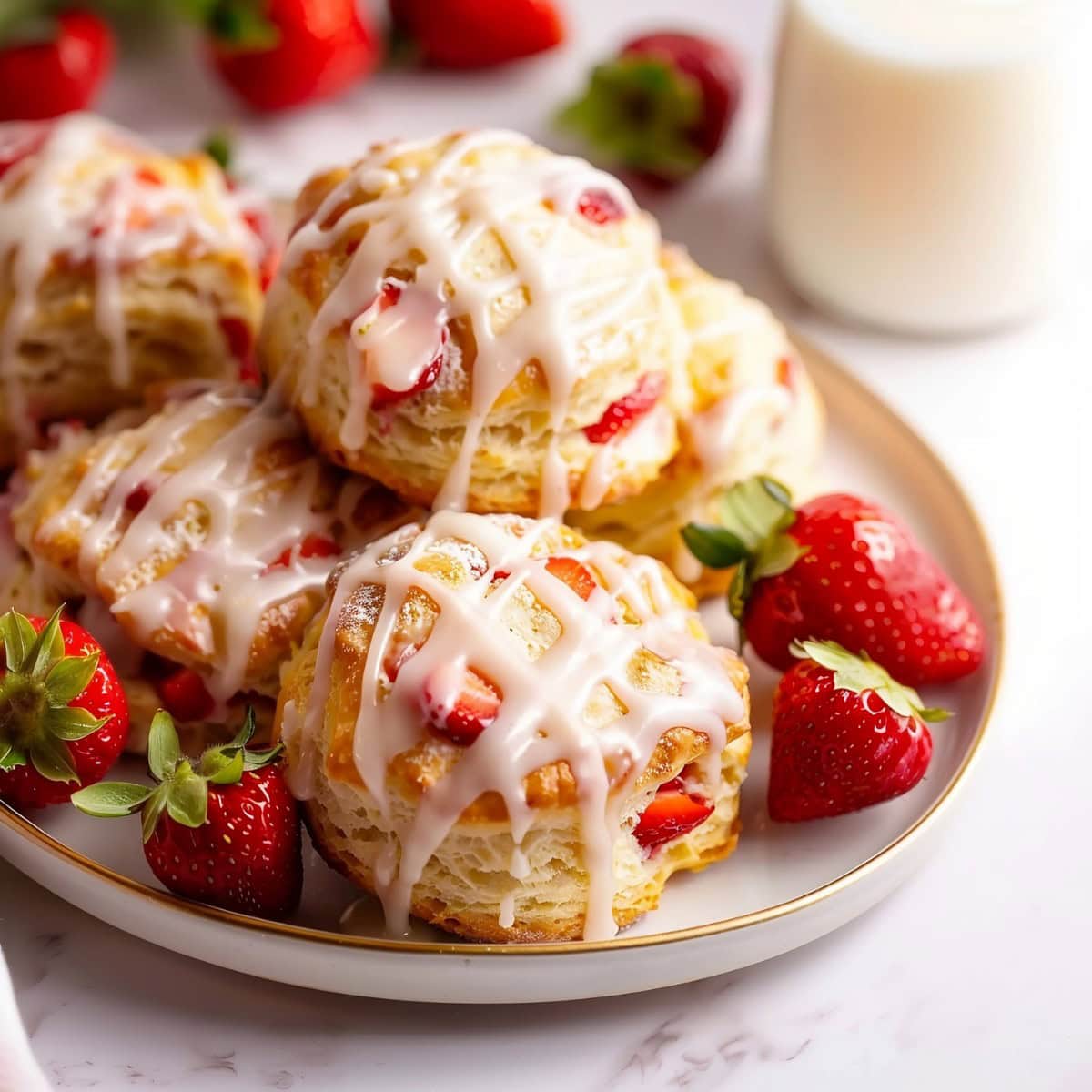 Strawberry Biscuits in a White Plate, Served with Milk