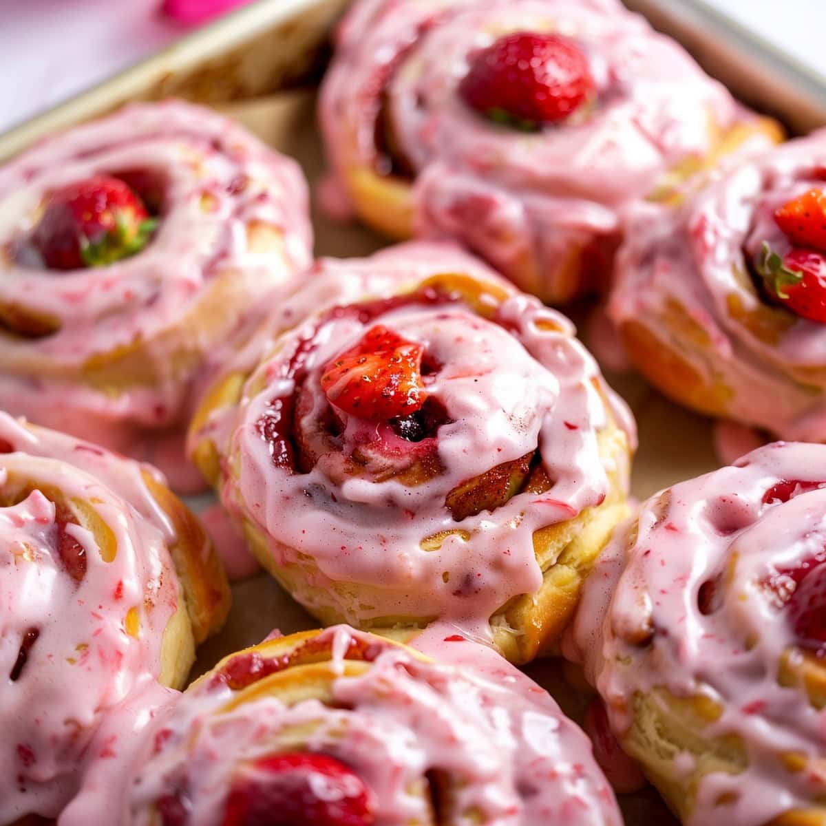 Strawberry cinnamon rolls with glaze in a baking tray, close-up