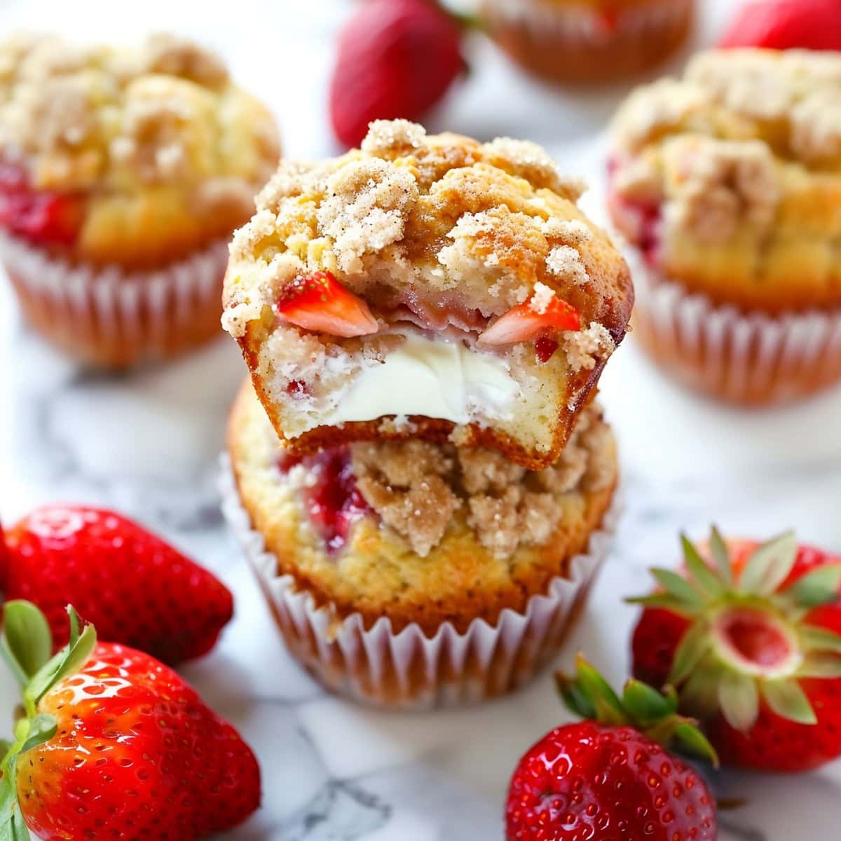 Strawberry Cream Cheese Muffins stack on each other with fresh fruit on a marble table