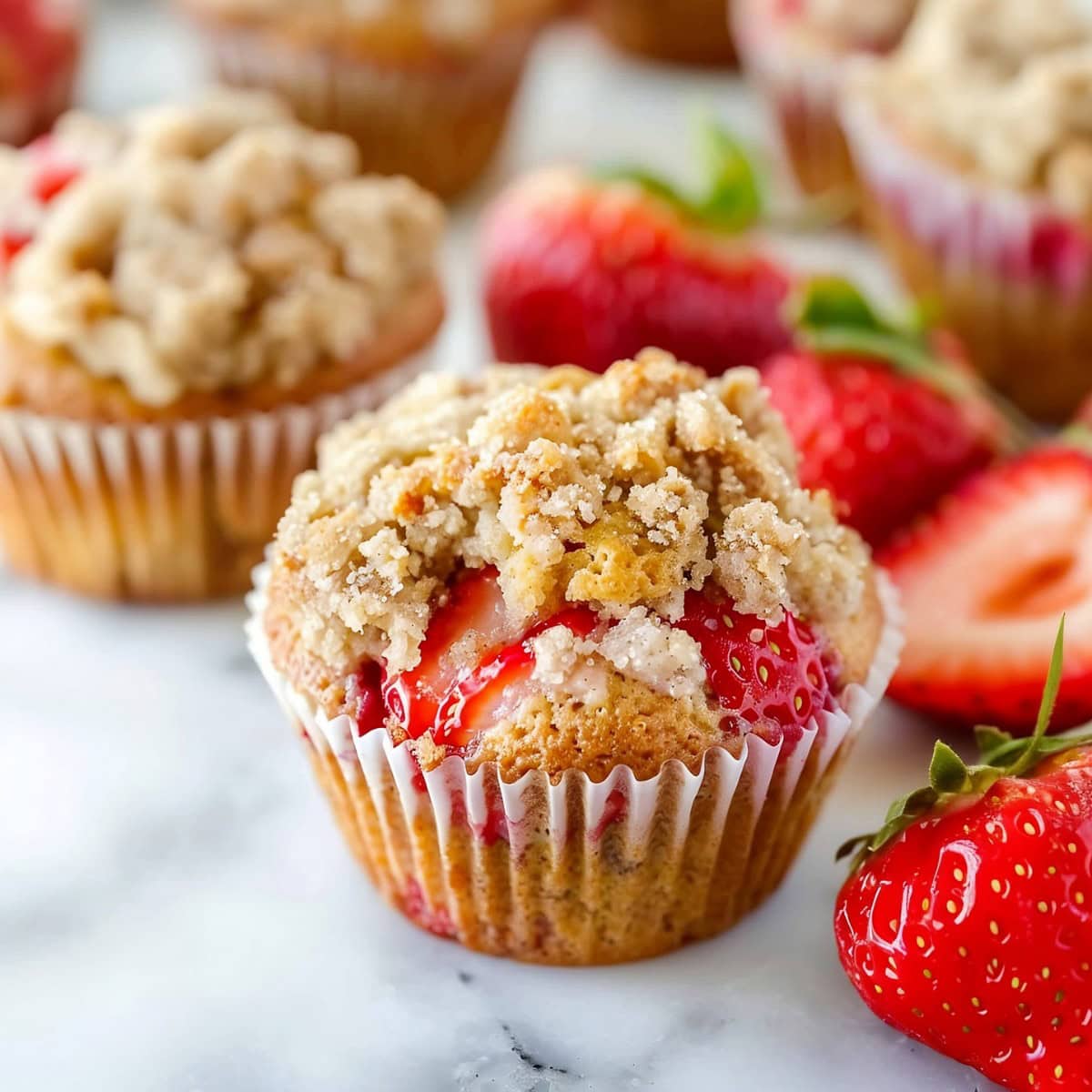 Strawberry crumb Muffins with cream cheese filling sitting on a white marble table beside fresh strawberries.