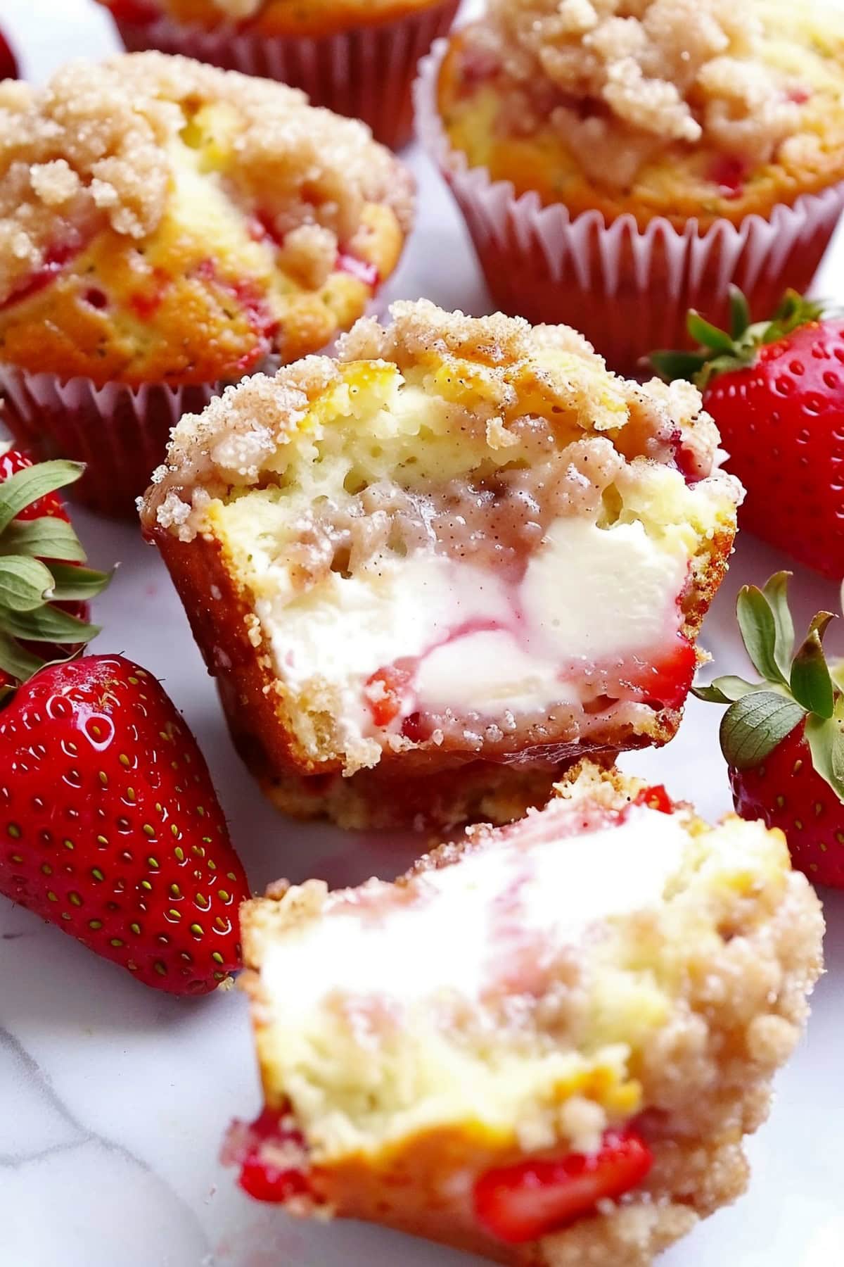 Top view of strawberry cream cheese muffins on a white marble table. One is cut in half to show the cream cheese filling