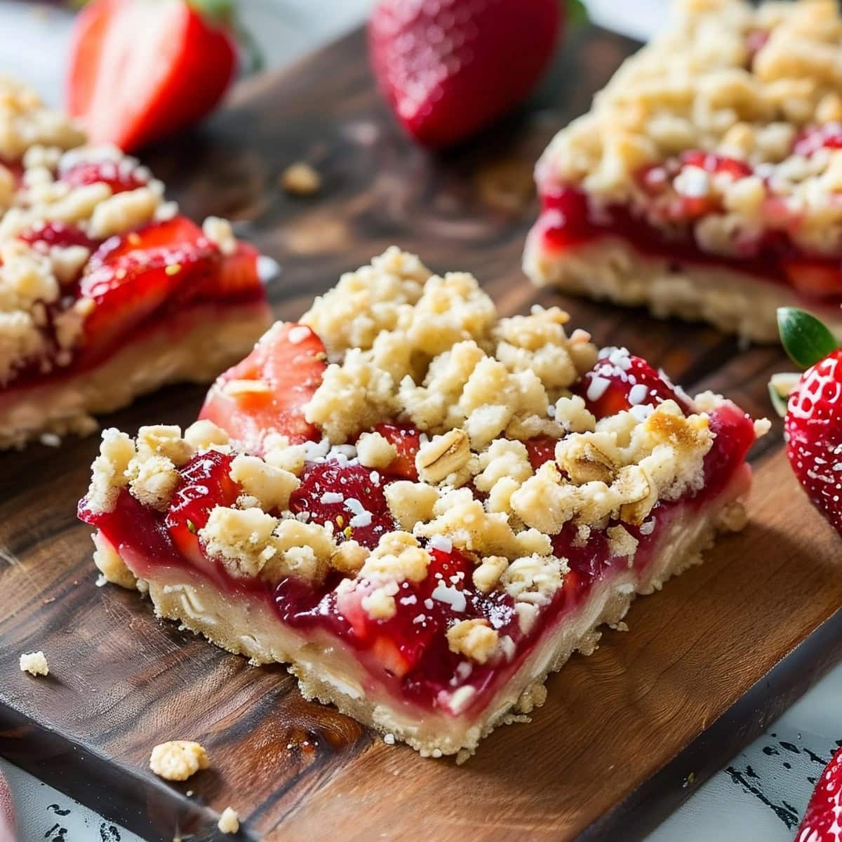 Crumbly homemade strawberry pie bars with sticky sweet filling on a chopping board