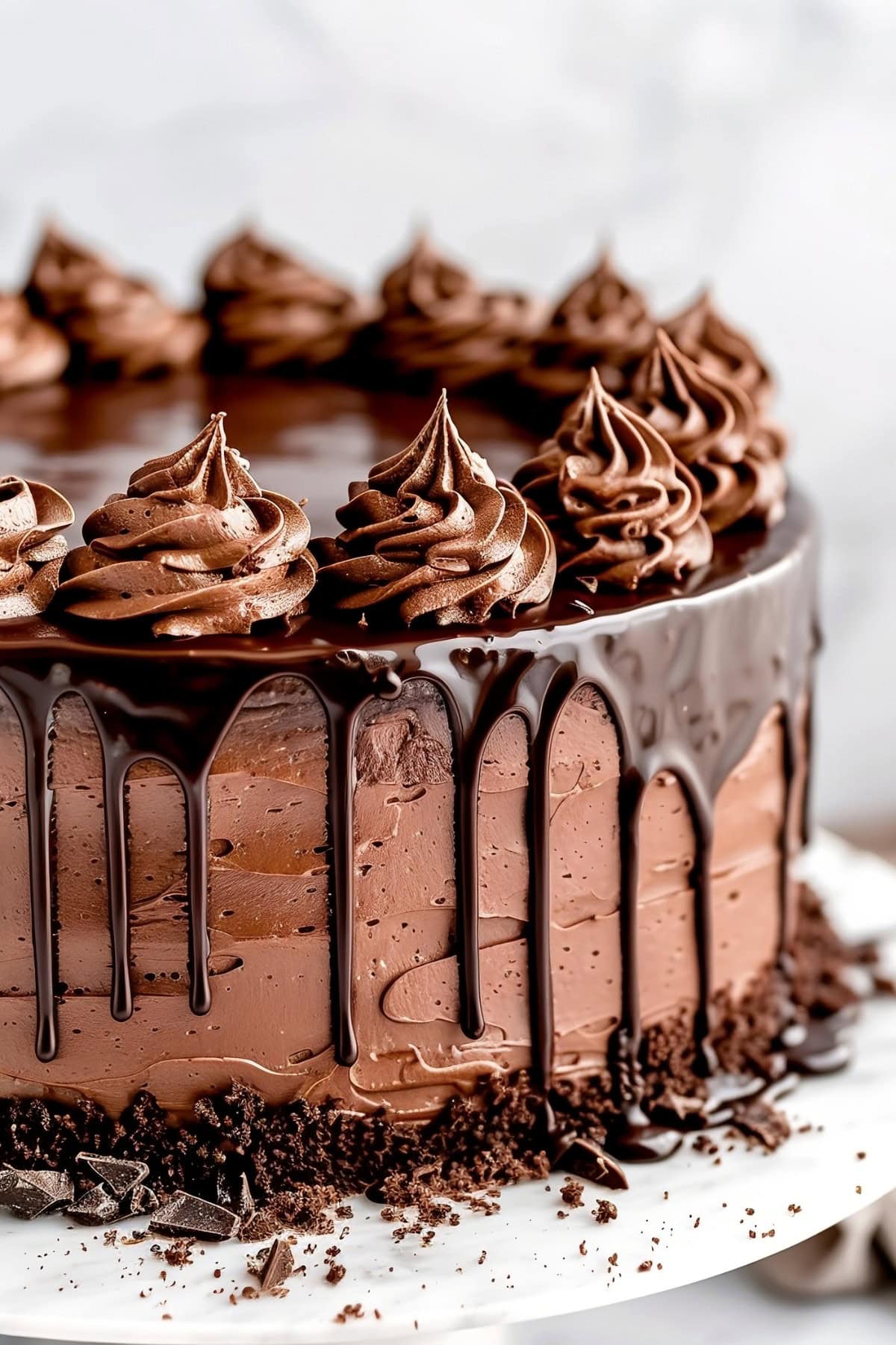 Triple Chocolate Cake, with ganache drip and buttercream rosettes, Close-Up