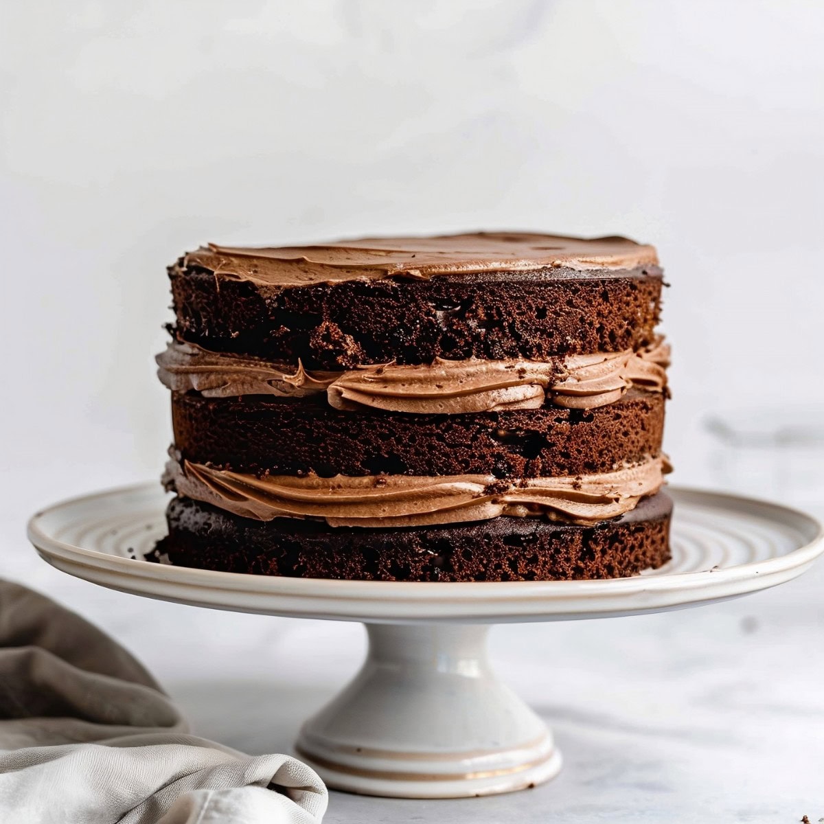 Triple chocolate cake with buttercream filling, unfrosted on the outside, in an elegant kitchen stand.