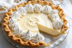 Vanilla Cream Pie in glass baking dish, slice served on a white plate.