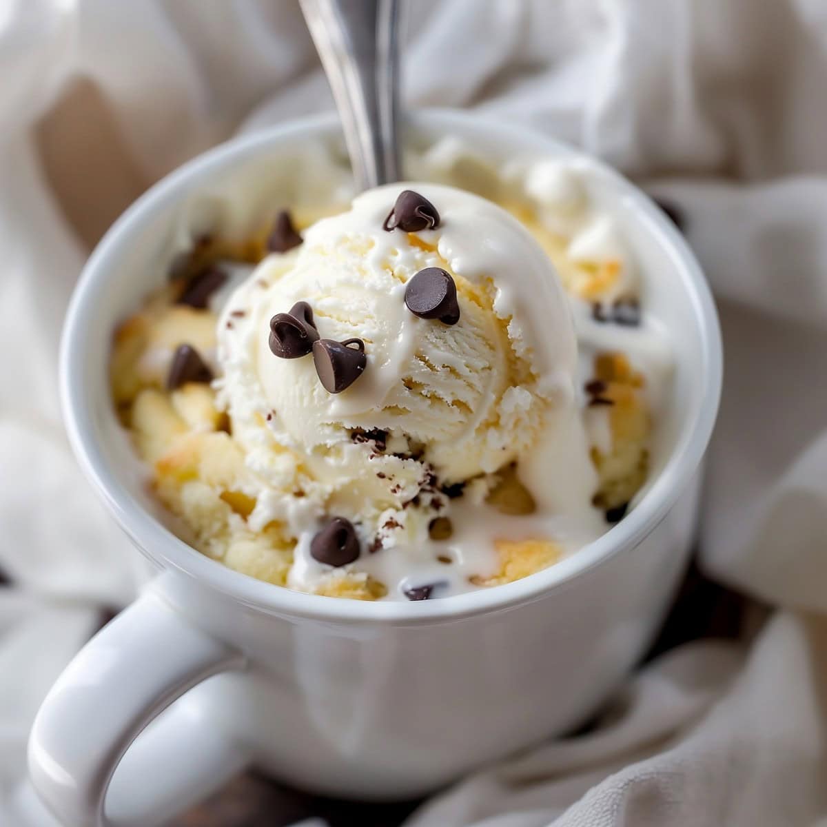 Easy Homemade Vanilla Mug Cake topped with ice cream and chocolate chips.