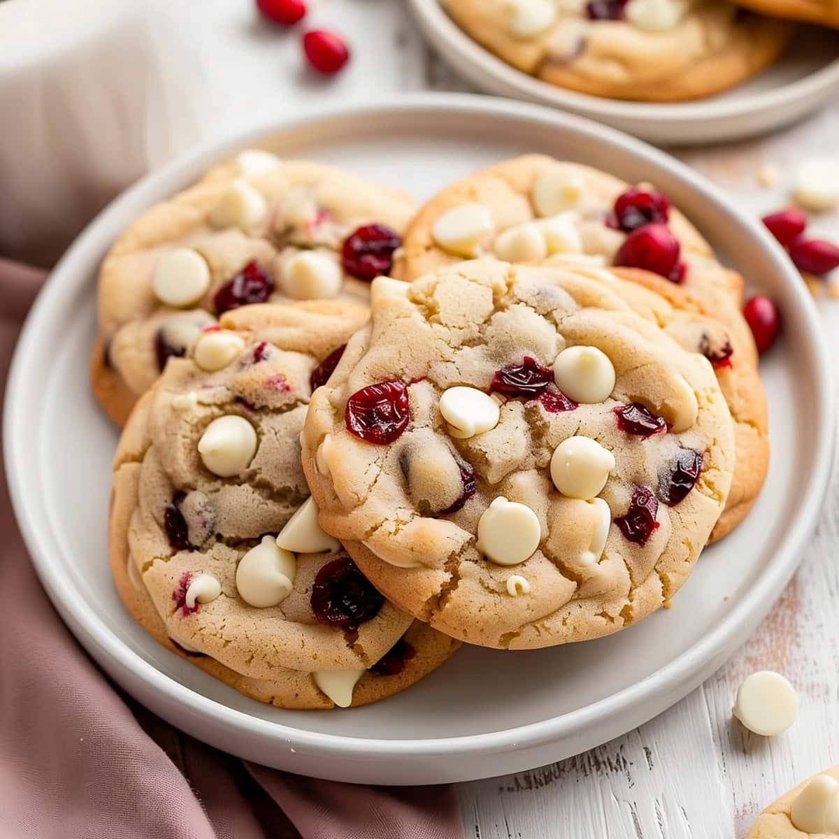 White Chocolate Cranberry Cookies served on a white plate.