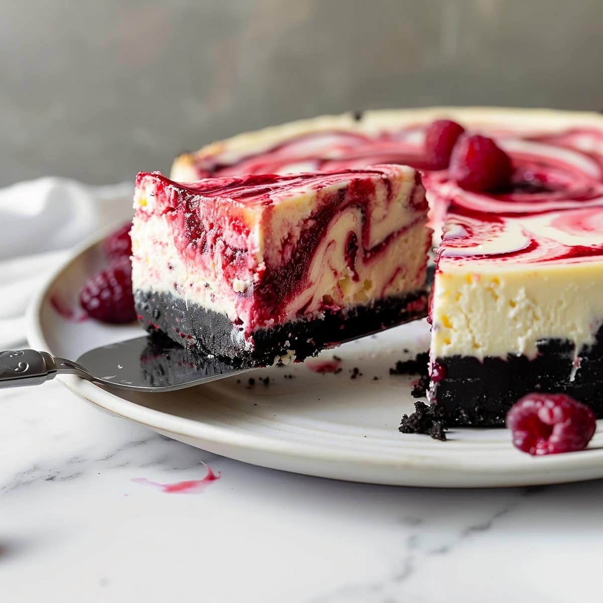 Sliced white chocolate raspberry cheesecake on a white serving plate. 