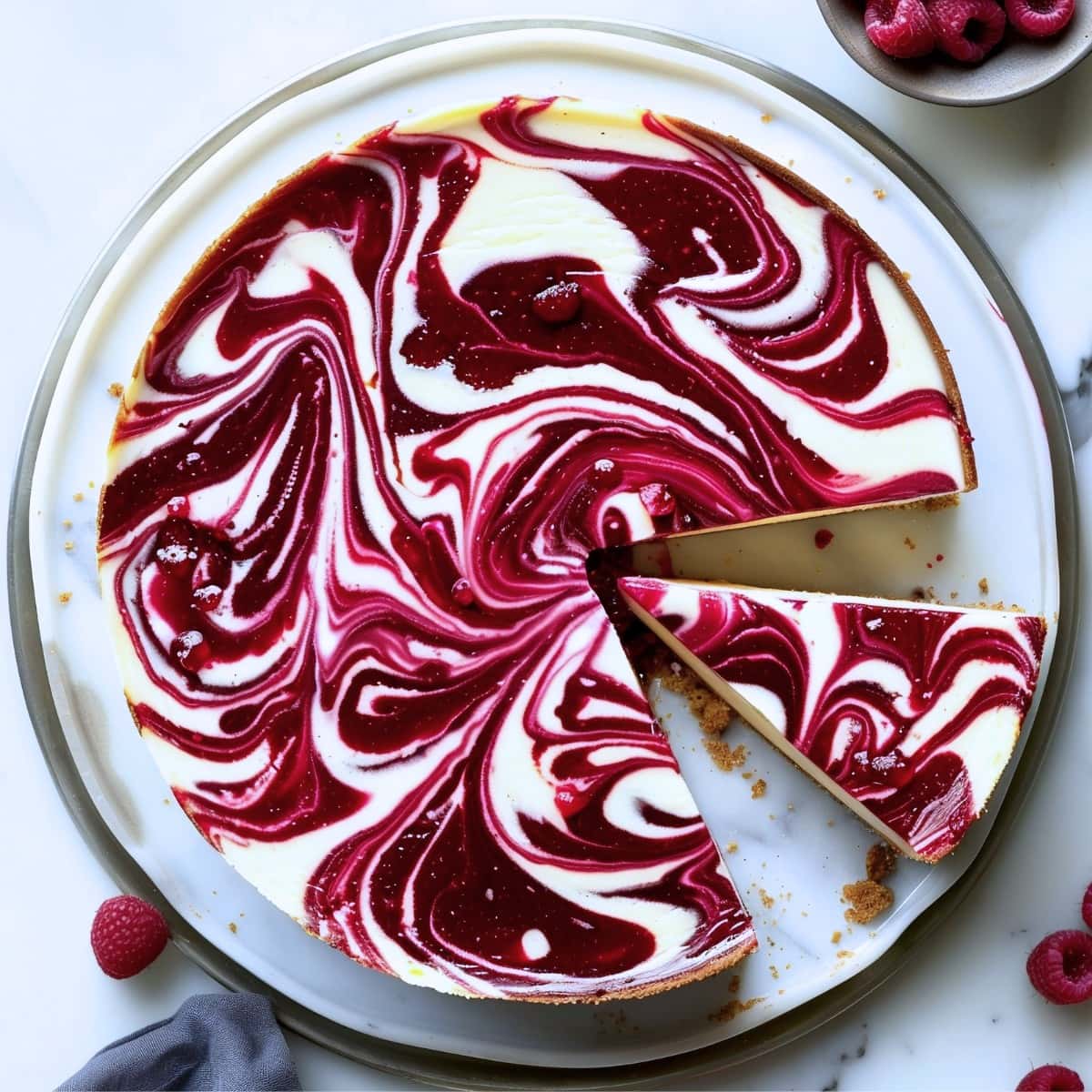 Whole white chocolate raspberry cheesecake with a slice cut out, top view. 