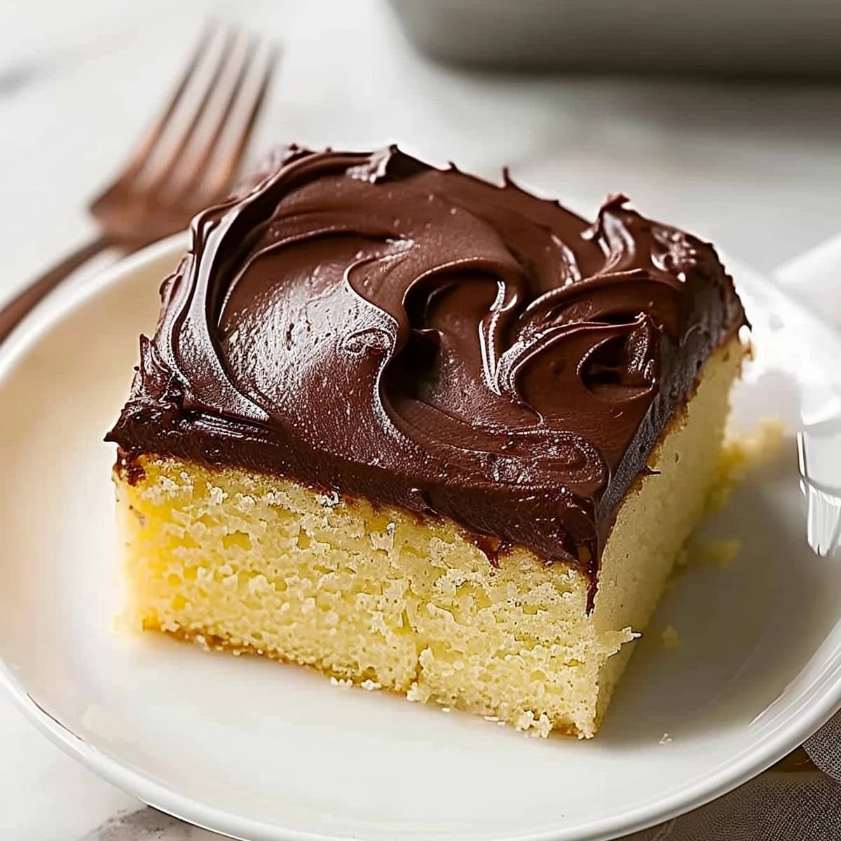 Yellow Sheet Cake with Chocolate Frosting on a Plate