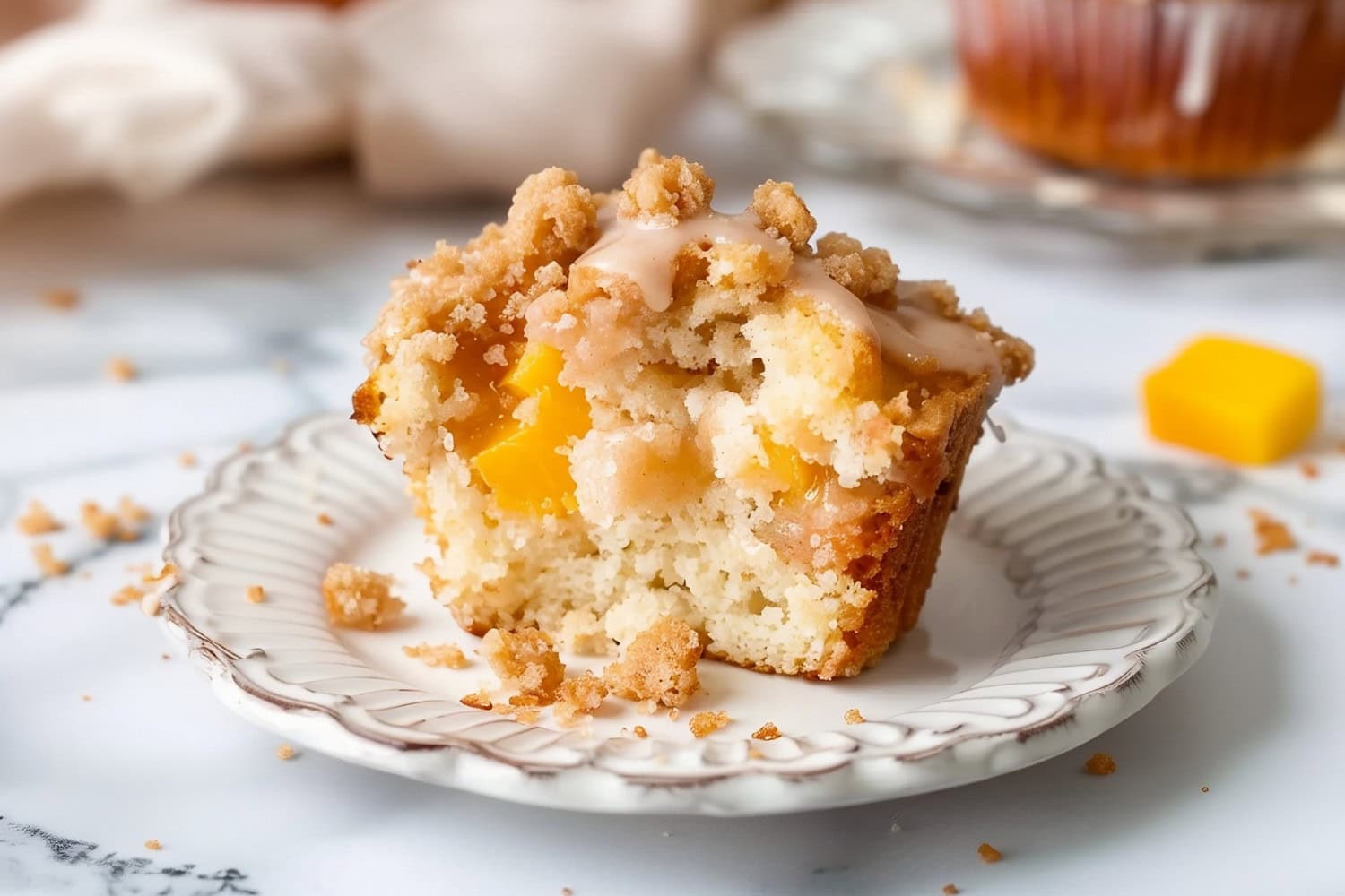 Moist and flavorful peach streusel muffins, a part is sliced open to reveal its filling.