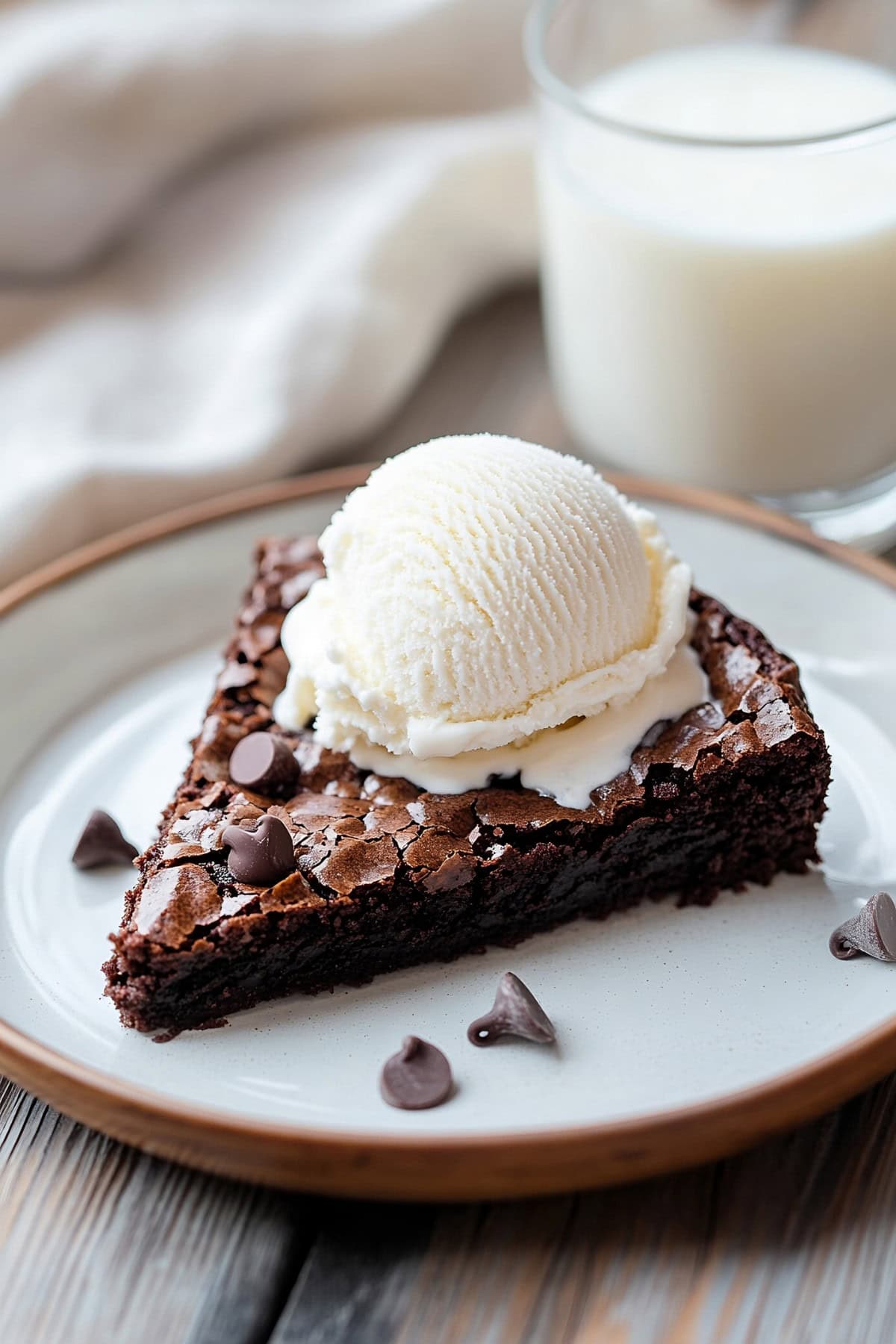 A slice of skillet brownie with chocolate chips and a scoop of ice cream on top.