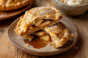 A plate of apple hand pies sprinkled with sugar.