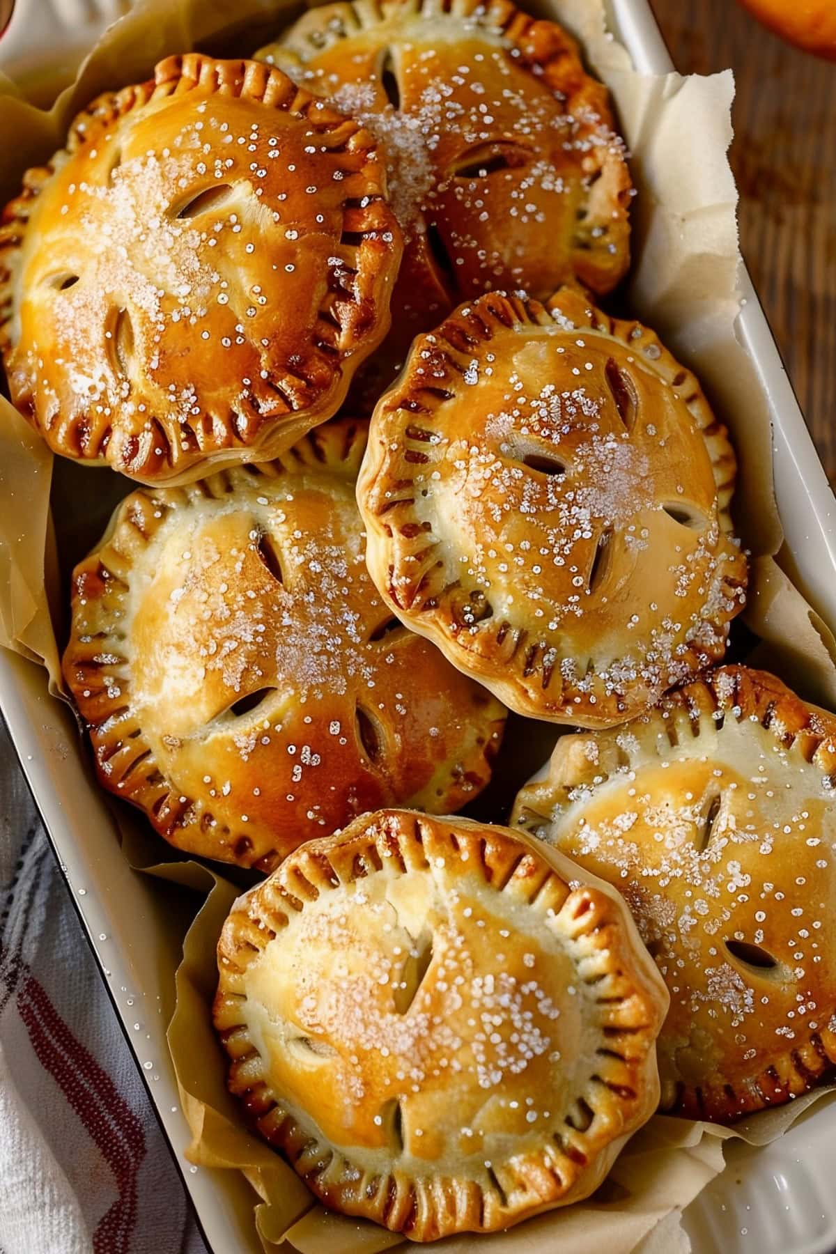 Homemade apple hand pies with coarse sugar in a baking dish, top view