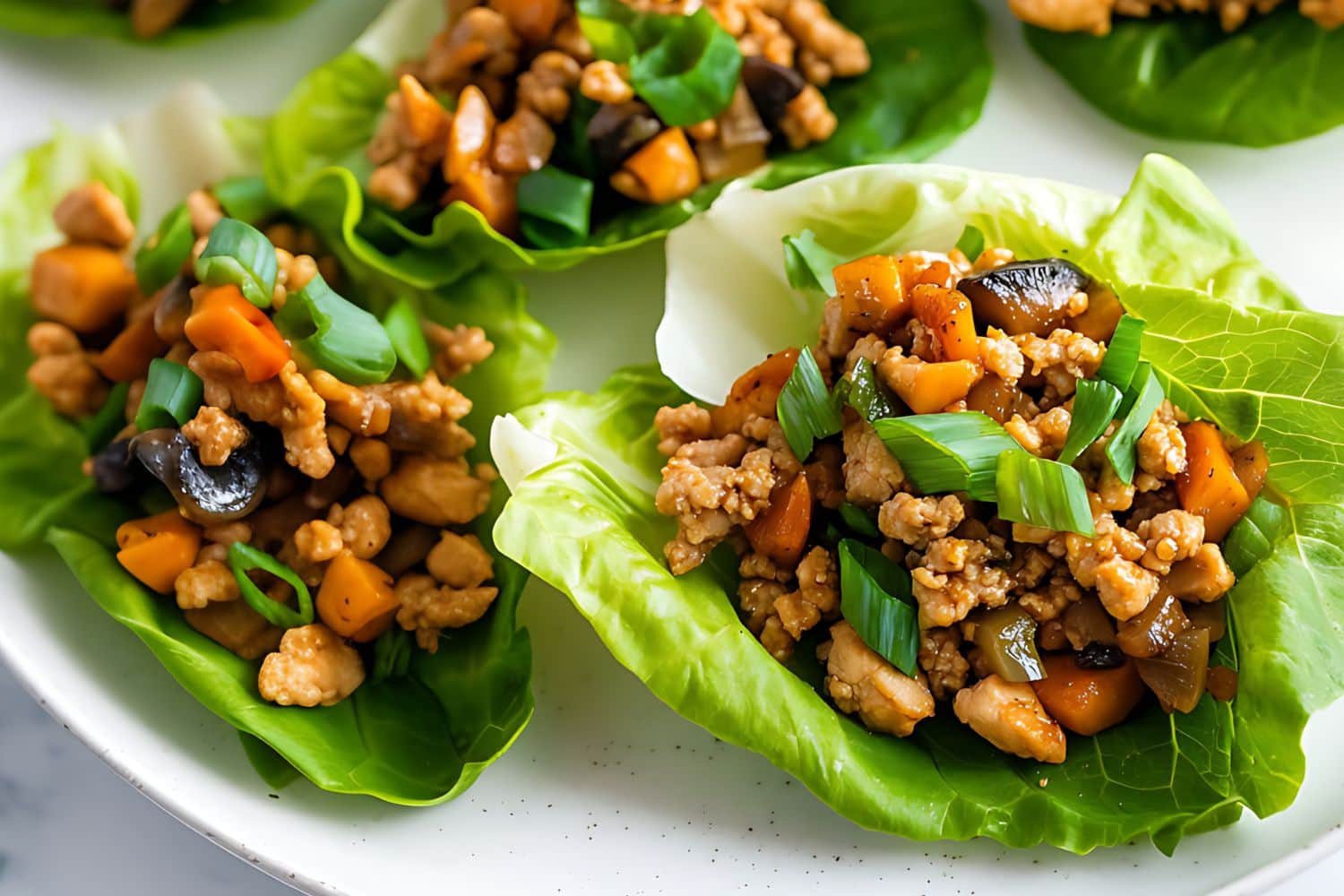 Chicken wrap in fresh lettuce arranged in a white plate.