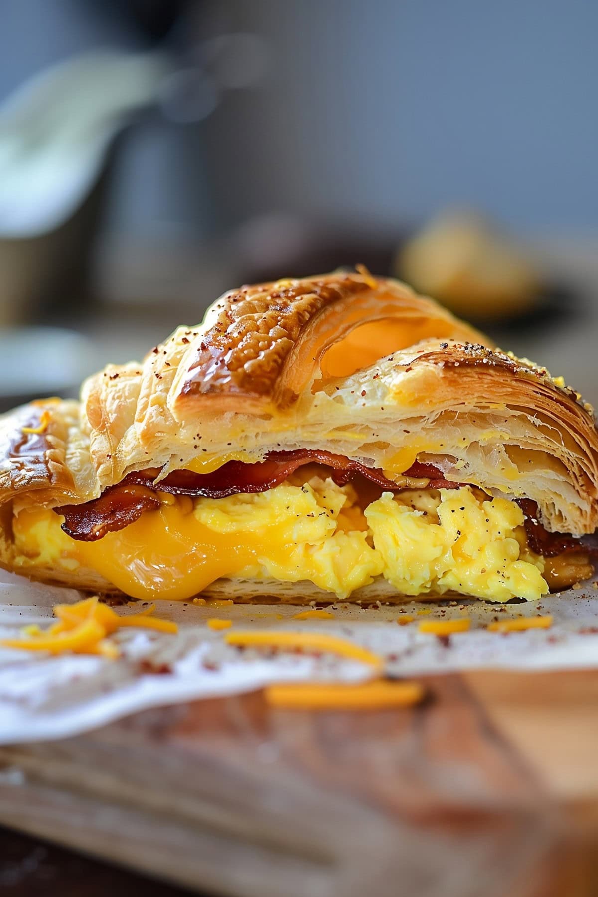 Perfectly baked croissant sandwich with bacon, egg, and cheese, side view