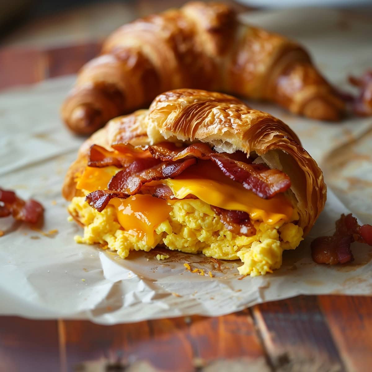 Irresistible bacon, egg, and cheese croissant with a golden brown finish on a wooden table.