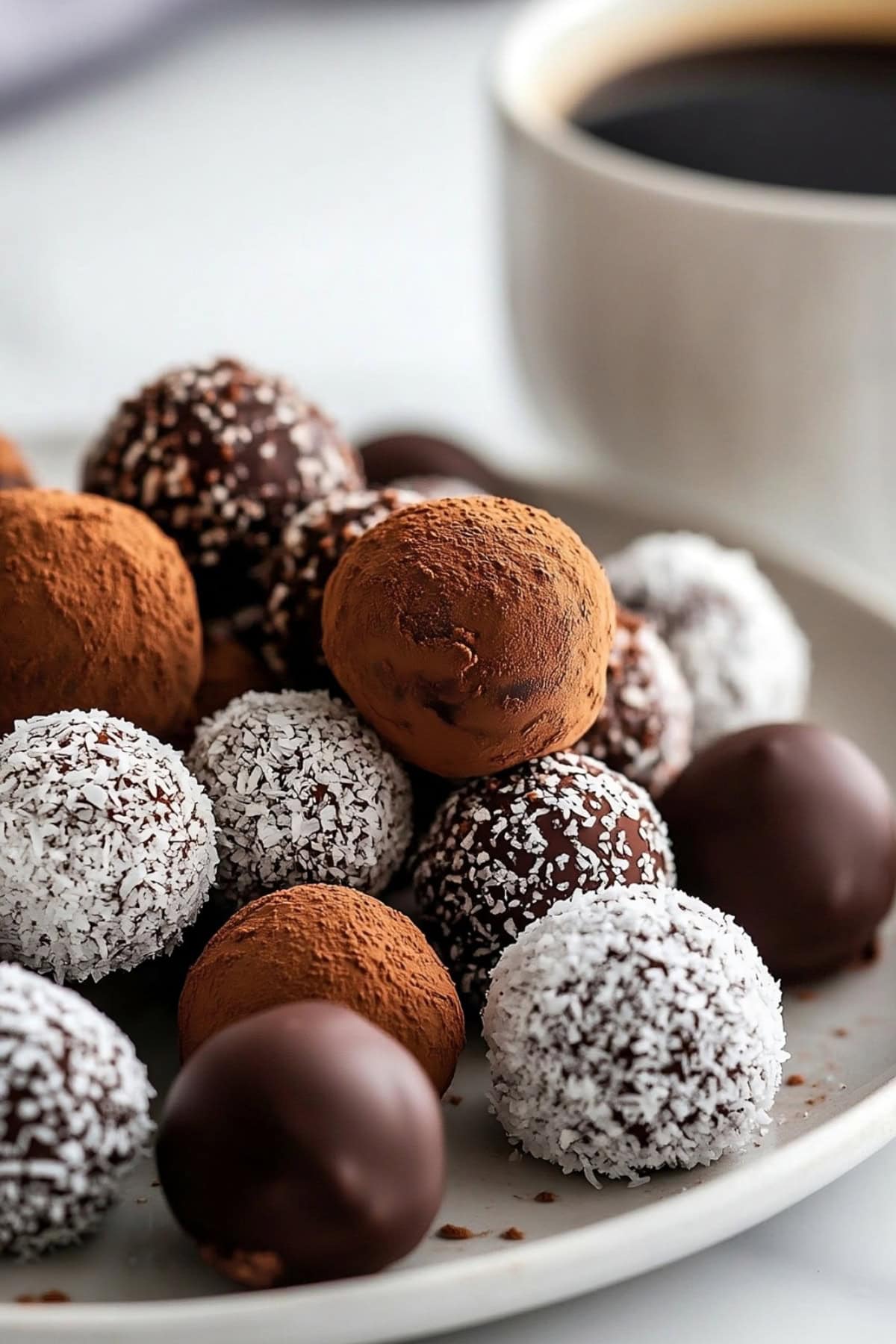 Pile of Baileys chocolate truffles on a plate with mixed coatings.