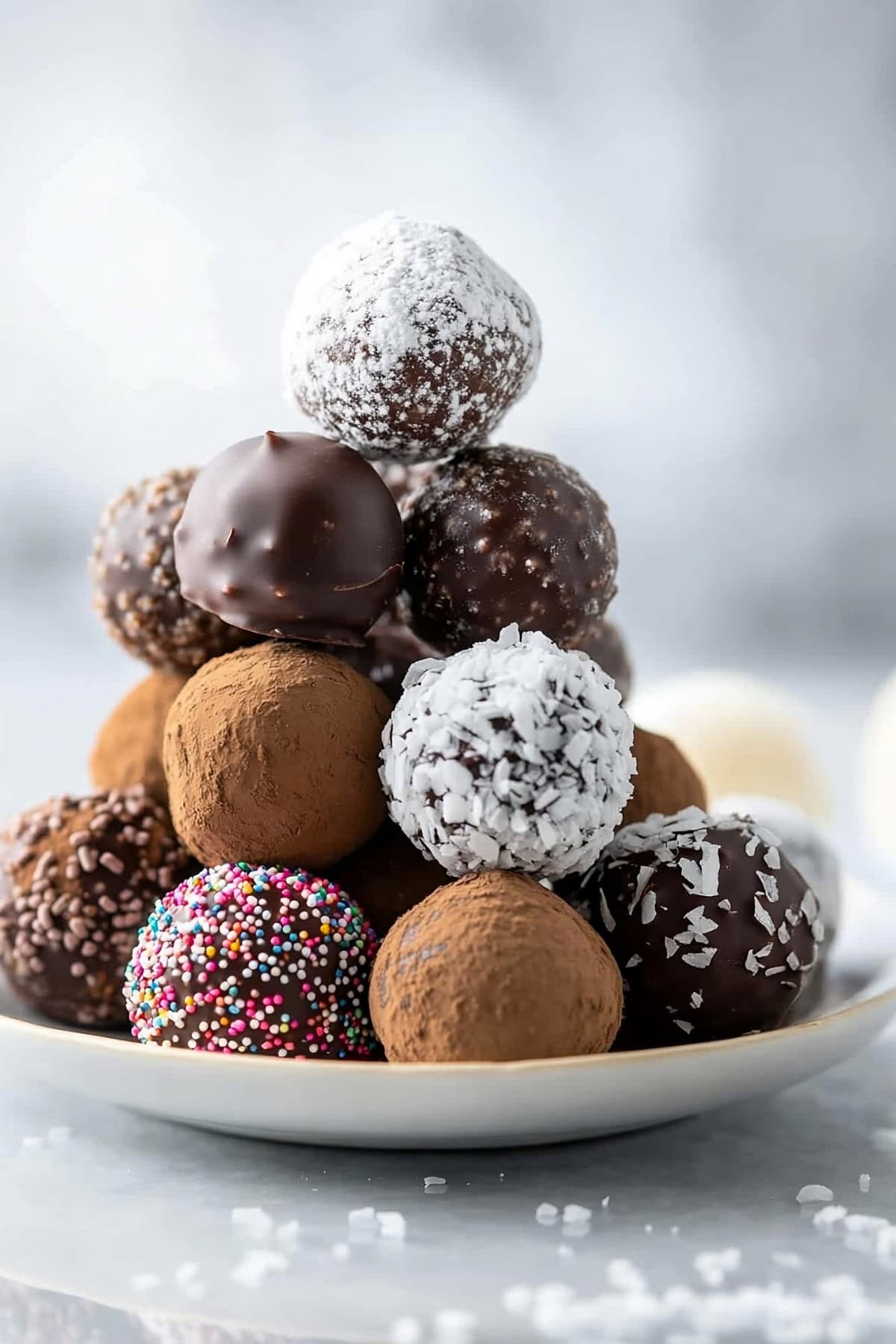 Baileys truffles coated in cocoa, powdered sugar, nuts, and sprinkles, piled on a plate, side view.