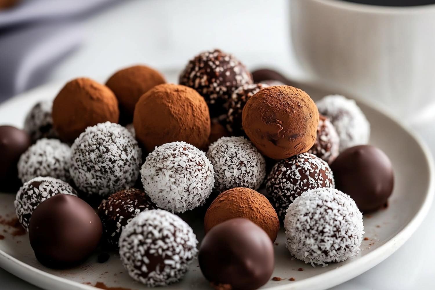 Baileys chocolate truffles in a plate with a cup of coffee on the side.