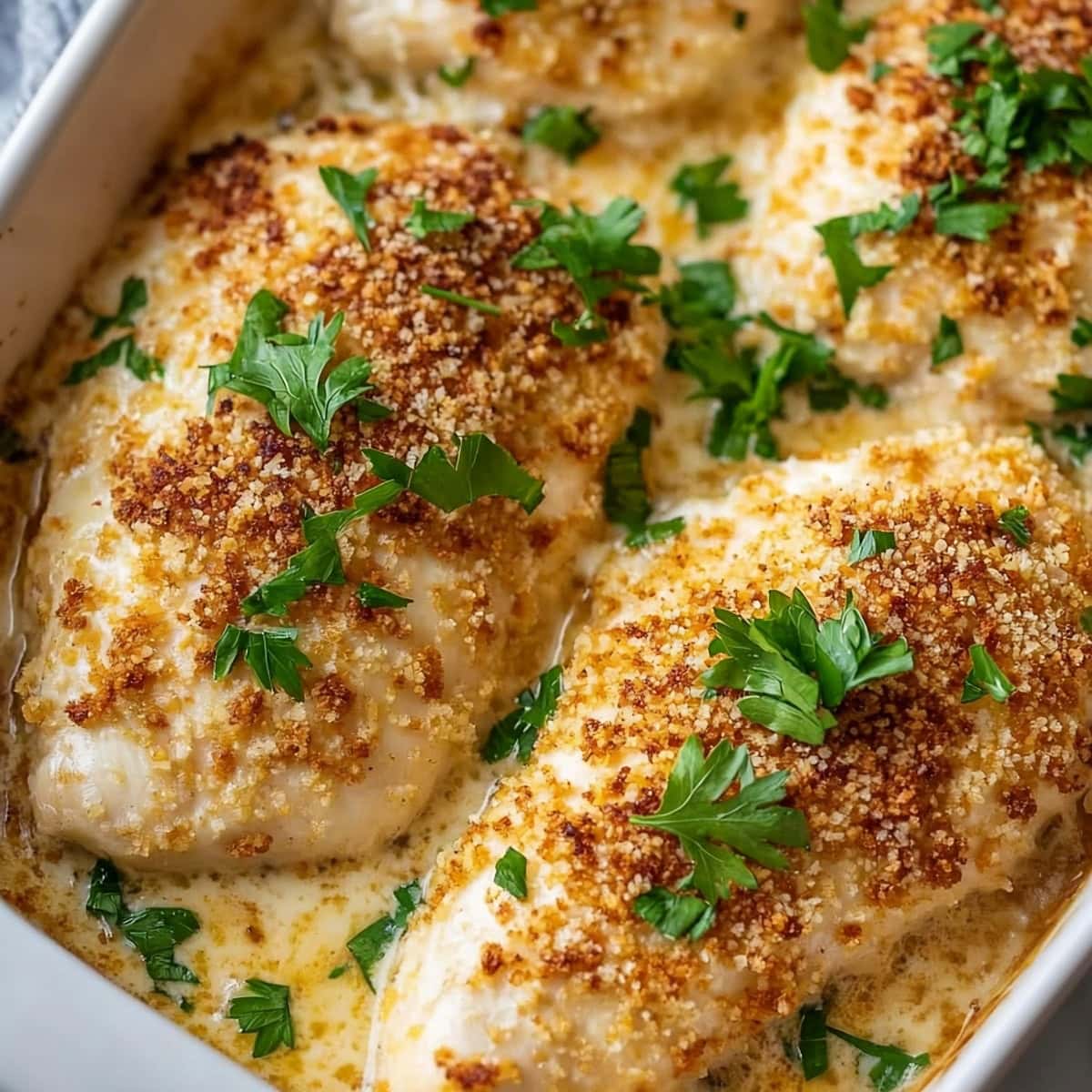 Close-up of baked Caesar chicken breasts with fresh herbs in a white baking dish.