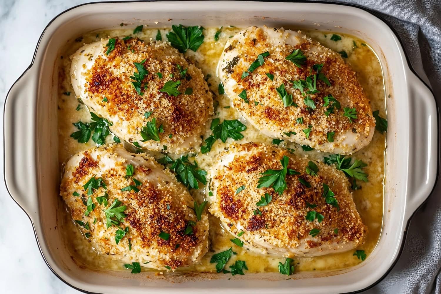 A baking dish filled with Caesar chicken fresh out of the oven with a golden brown crust.