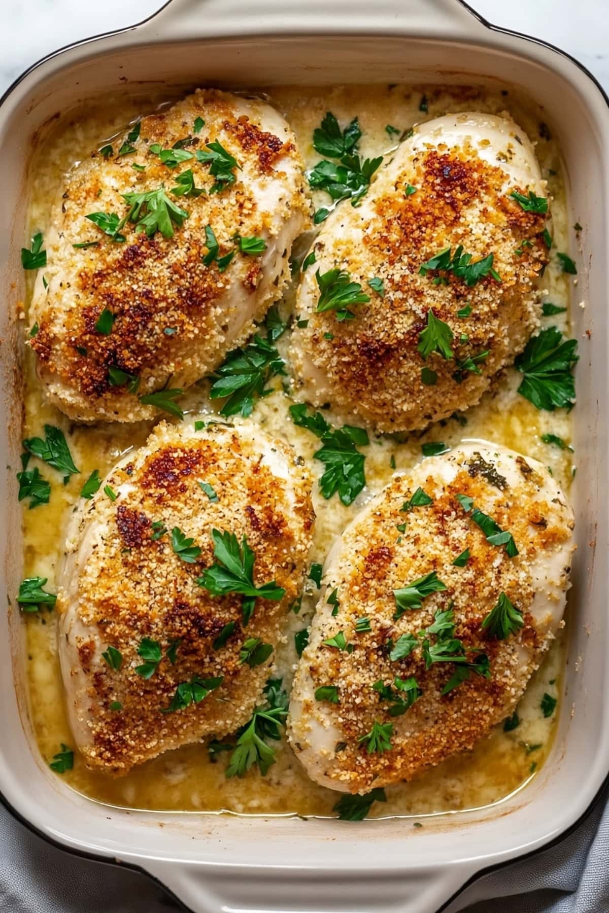 Breaded baked Caesar chicken, garnished with chopped parsley in a baking dish, overhead view.