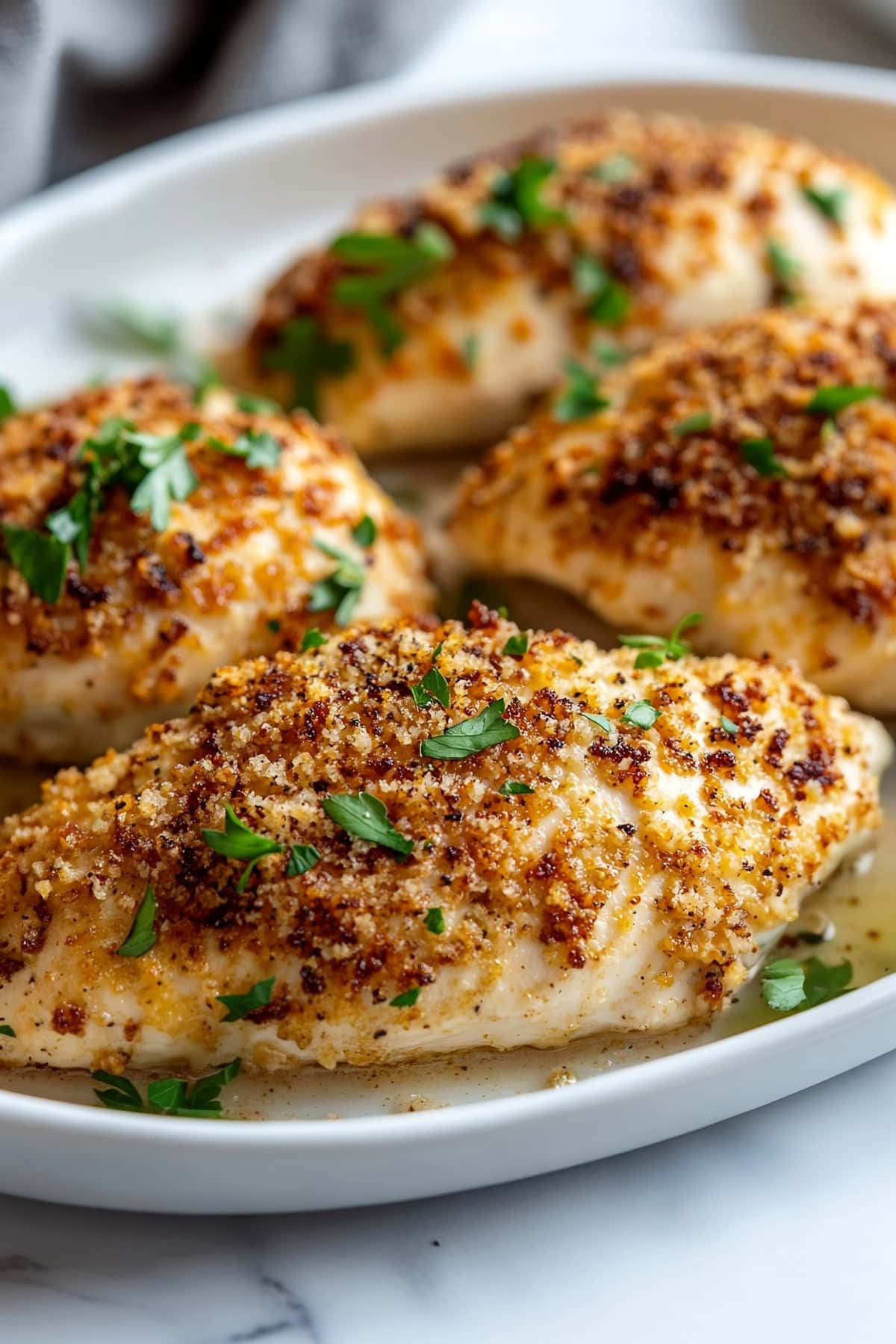 Baked Caesar chicken with panko crumbs on a white plate.