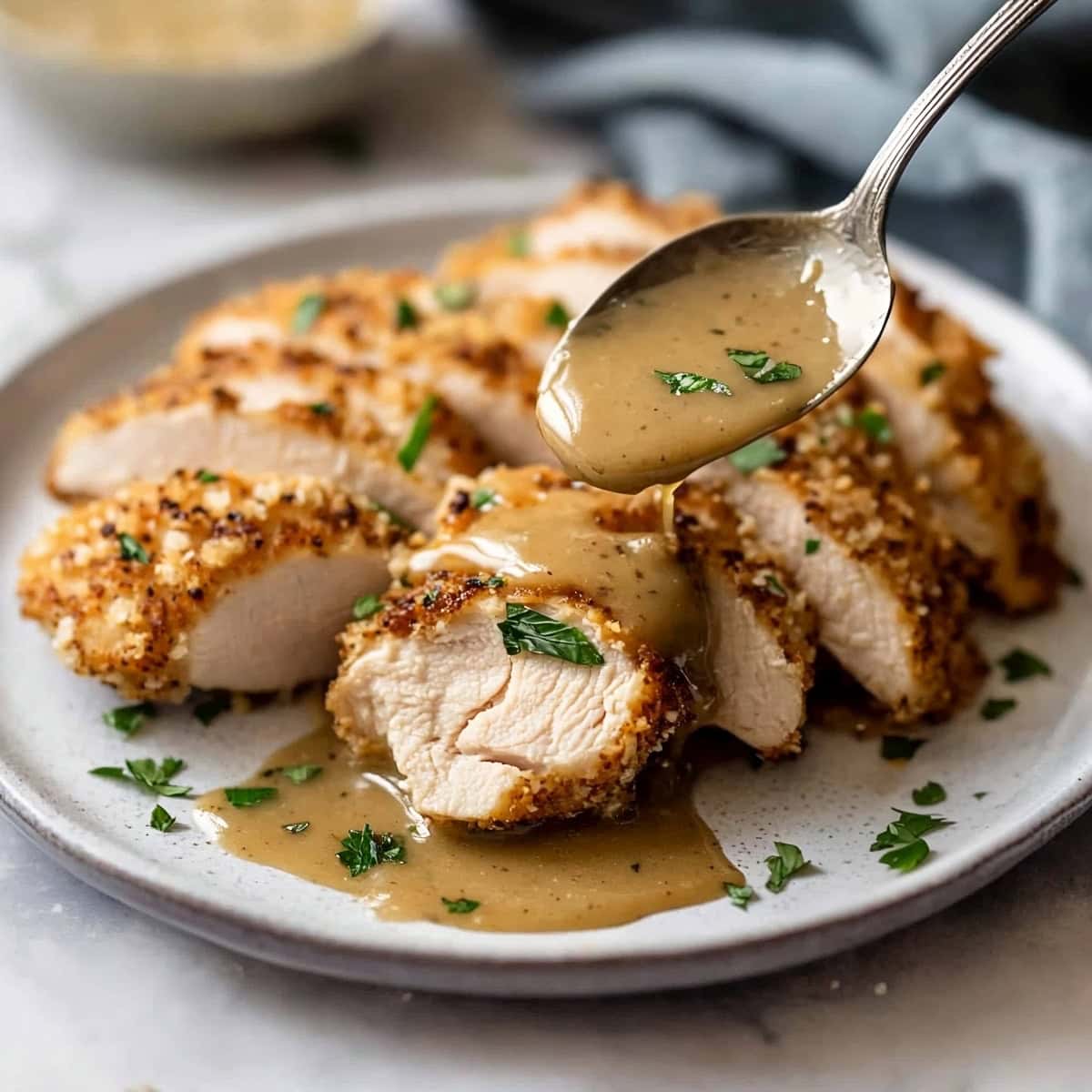 A spoon of gravy pouring over baked Caesar chicken slices in a plate.