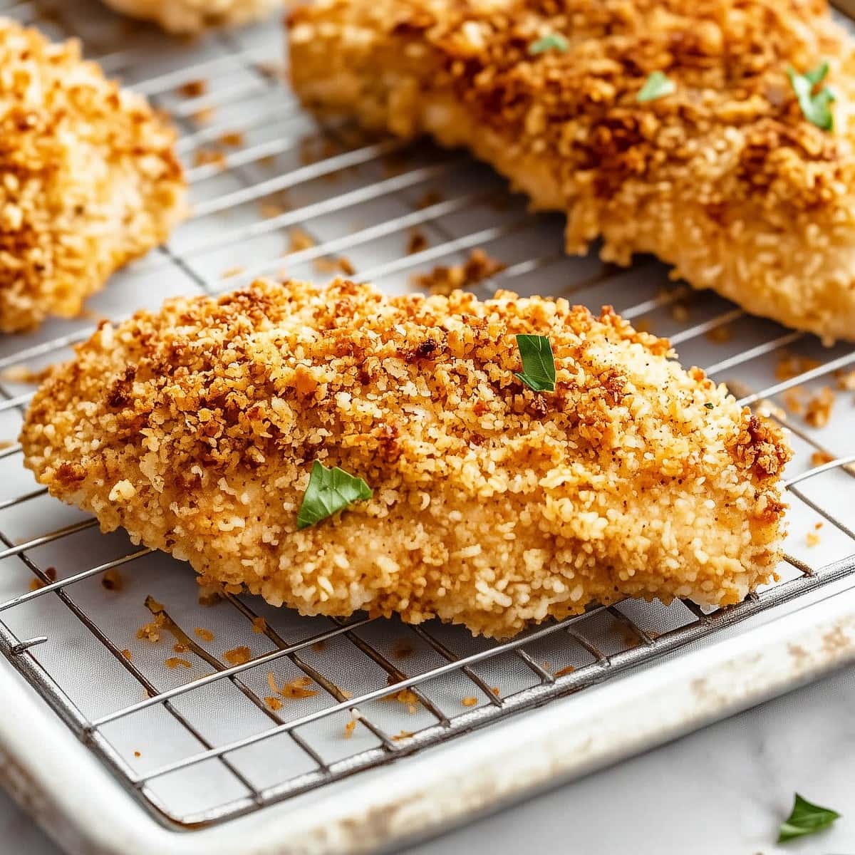 Crispy and tender baked ranch chicken pan cooling rack on a white marble table.