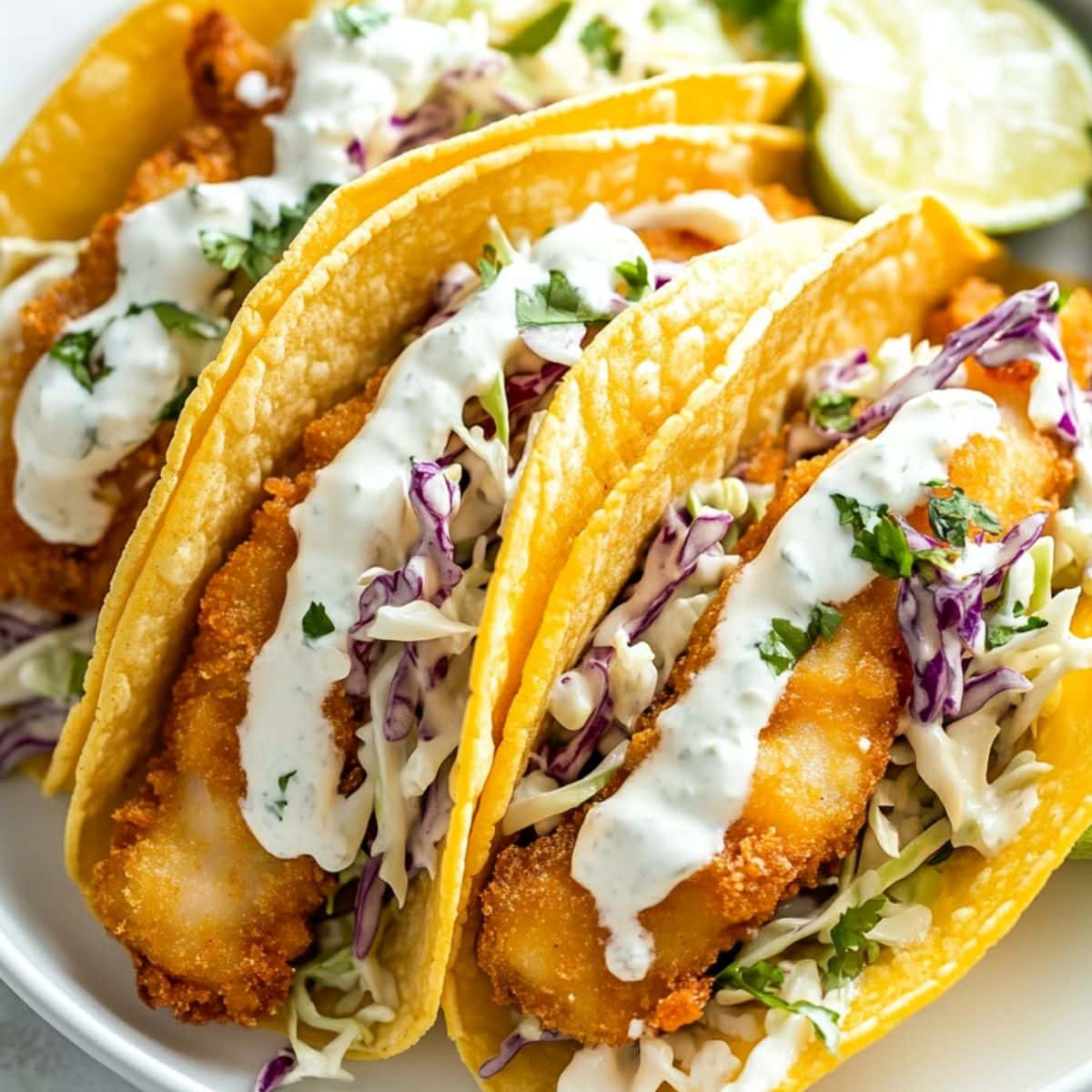 Beer battered fish tacos with coleslaw and white sauce arranged on a white plate, close up