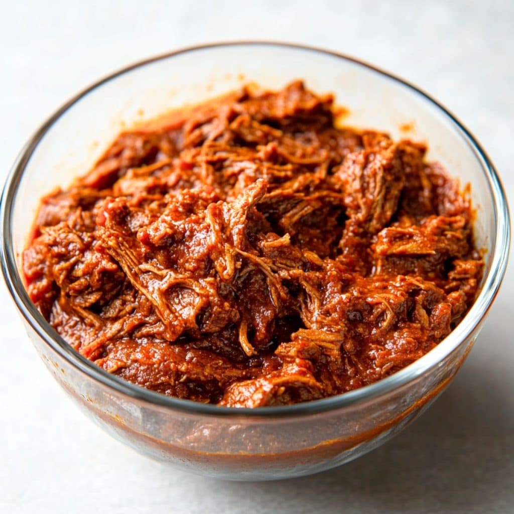 Shredded roasted chuck with birria sauce served on a large glass mixing bowl.