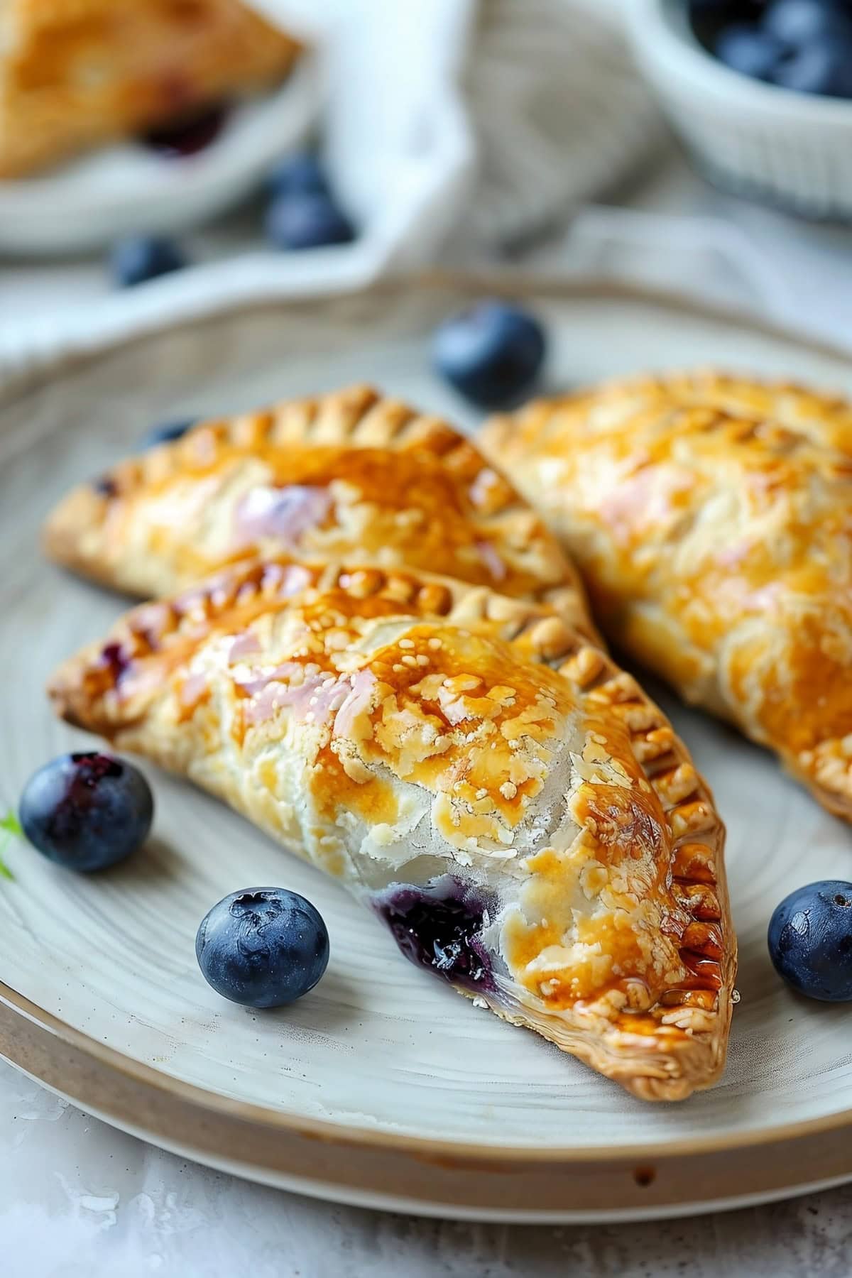 Perfectly sized blueberry hand pies on a plate with fresh blueberries