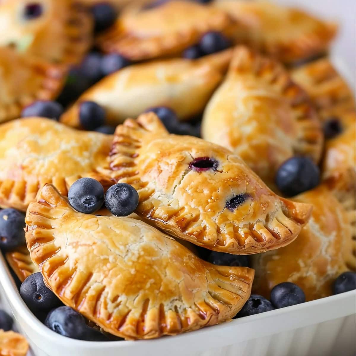 Mini blueberry pies on a baking dish with fresh blueberries