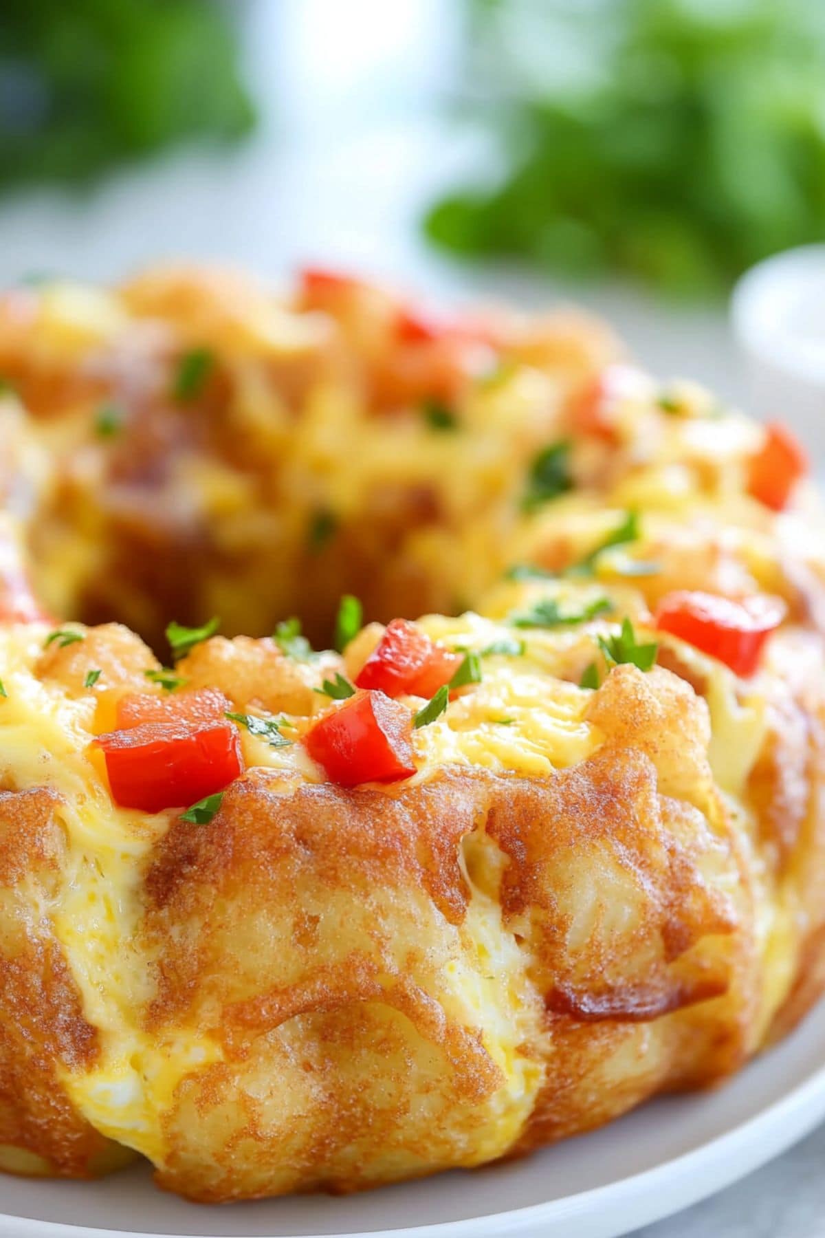 Bundt cake made with fluffy eggs, melty cheese, and crispy tater tots, studded with veggies and ham served in a white plate.