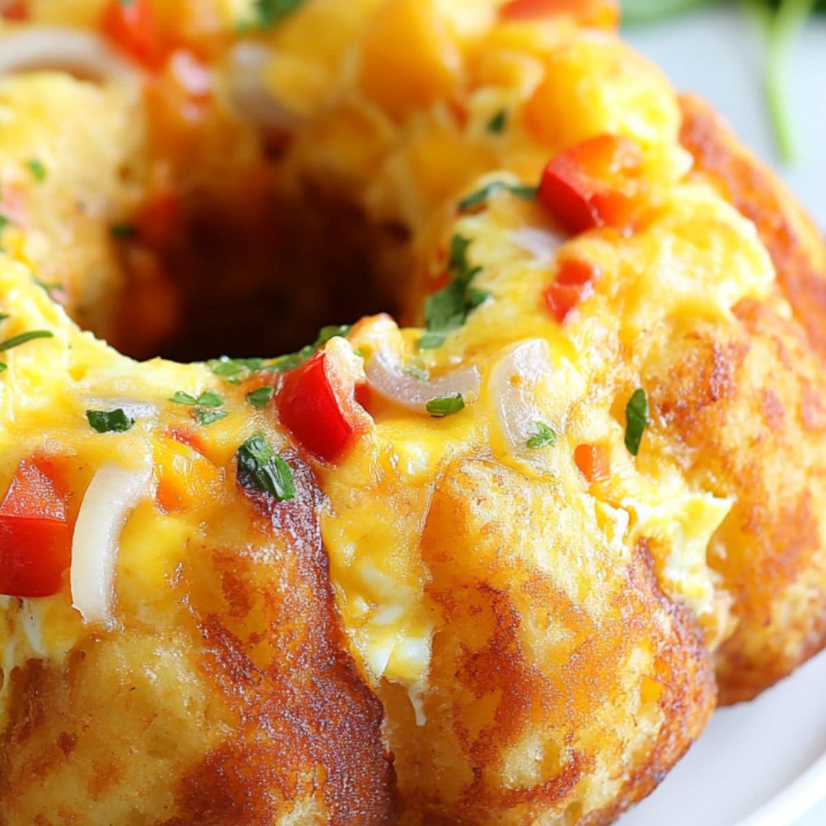 Breakfast bundt cake with visible diced red bell peppers and onions served on a white plate.